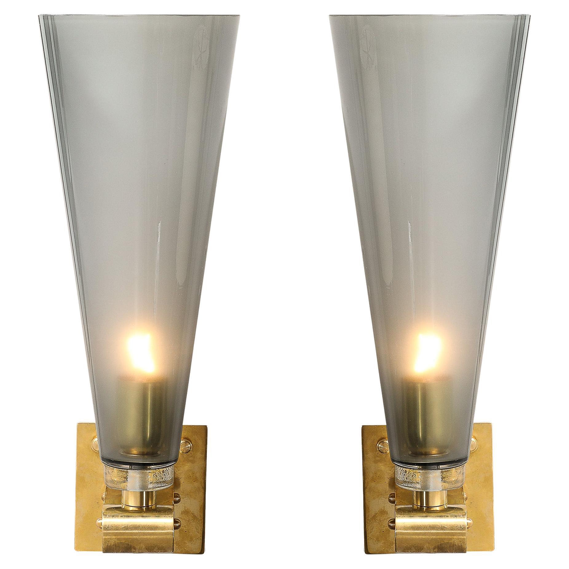 Modernist Conical Smoked Graphite Hand-Blown Murano Glass & Brass Sconces