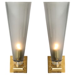 Modernist Conical Smoked Graphite Hand-Blown Murano Glass & Brass Sconces