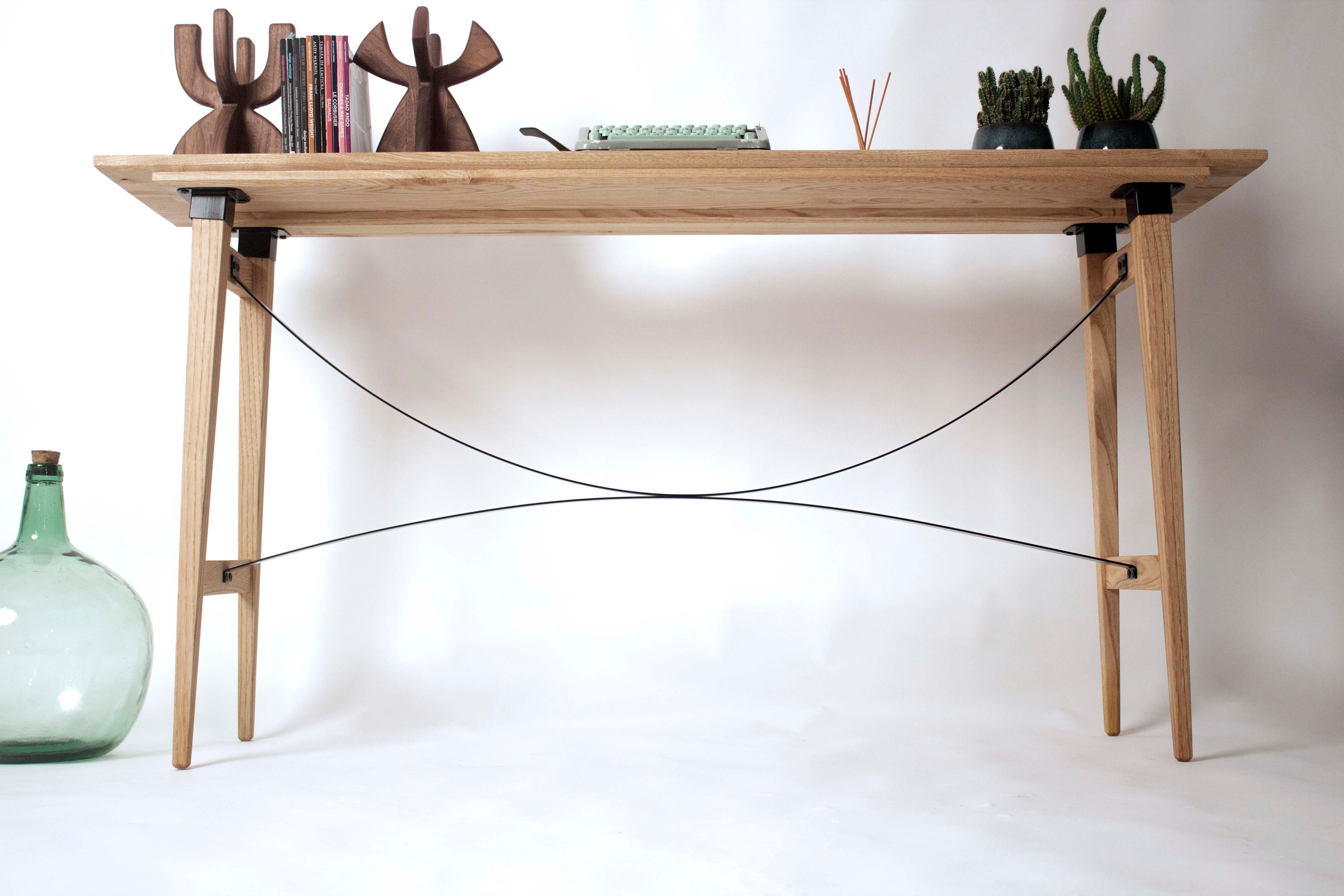 Mid-Century Modern Modernist Console Table in Chestnut with Architectural Steel Details For Sale