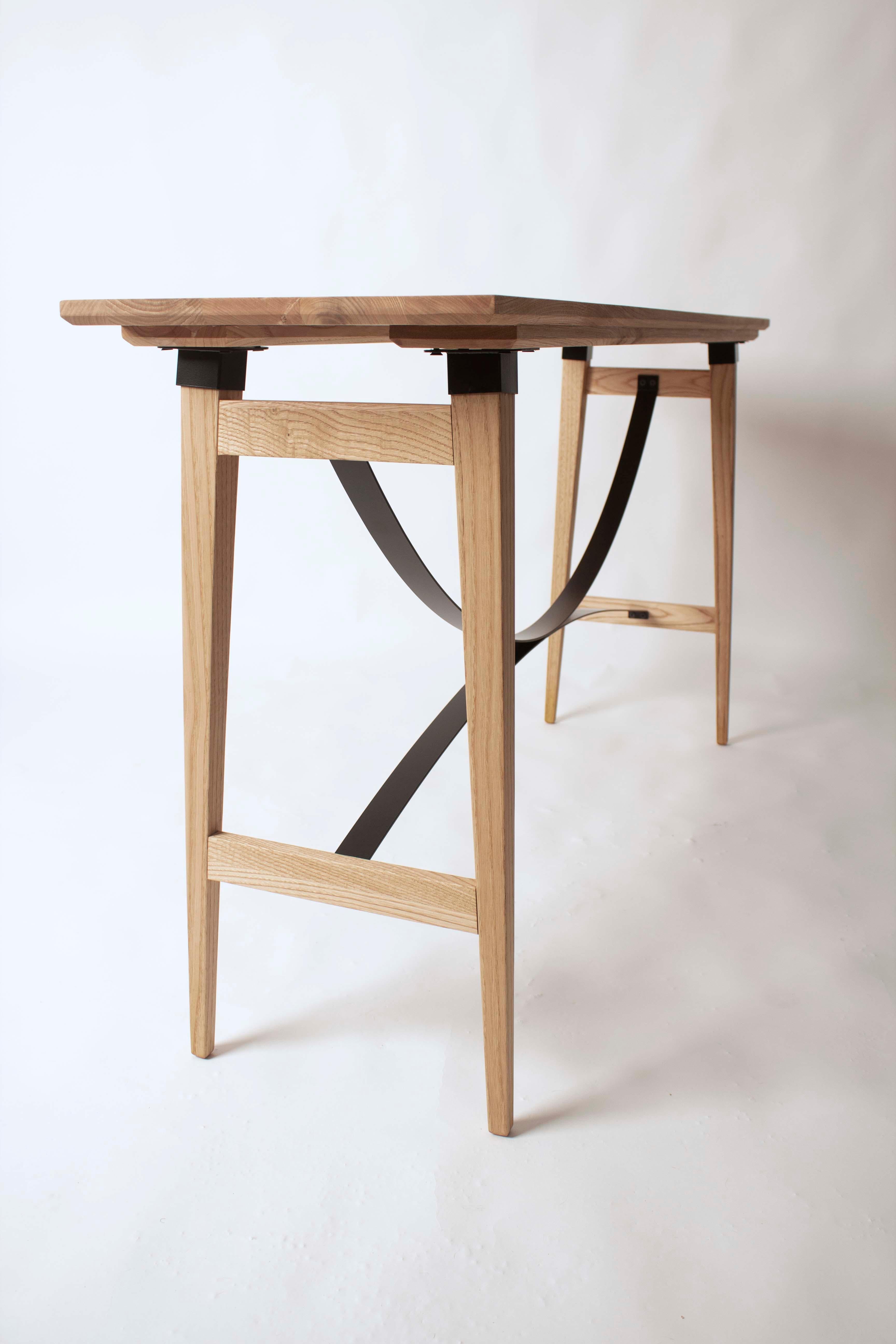 Teak Modernist Console Table in Chestnut with Architectural Steel Details For Sale