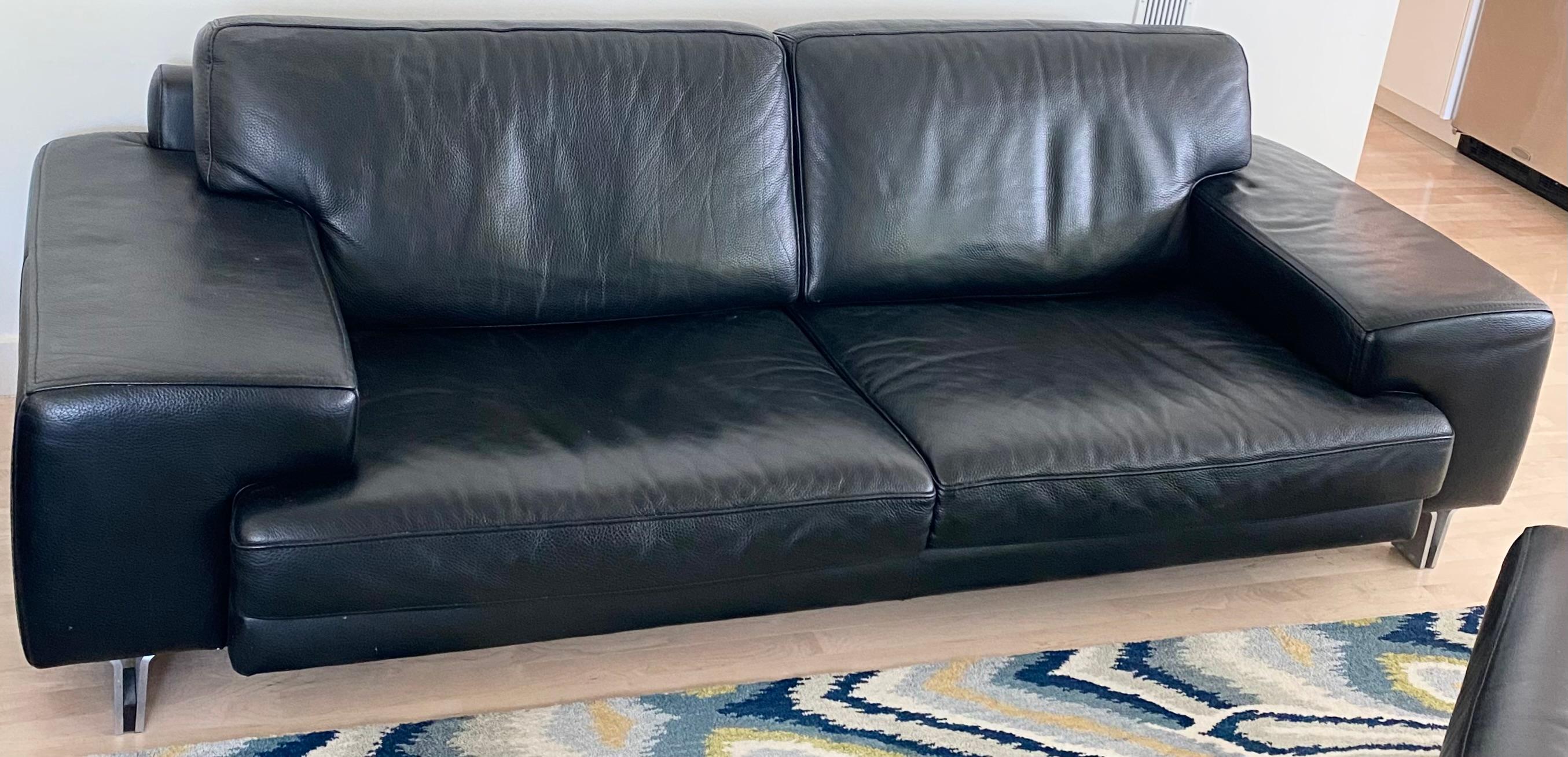 Modernist Contemporary Ligne Roset Black Pebble Leather Sofa + Love Seat For Sale 6