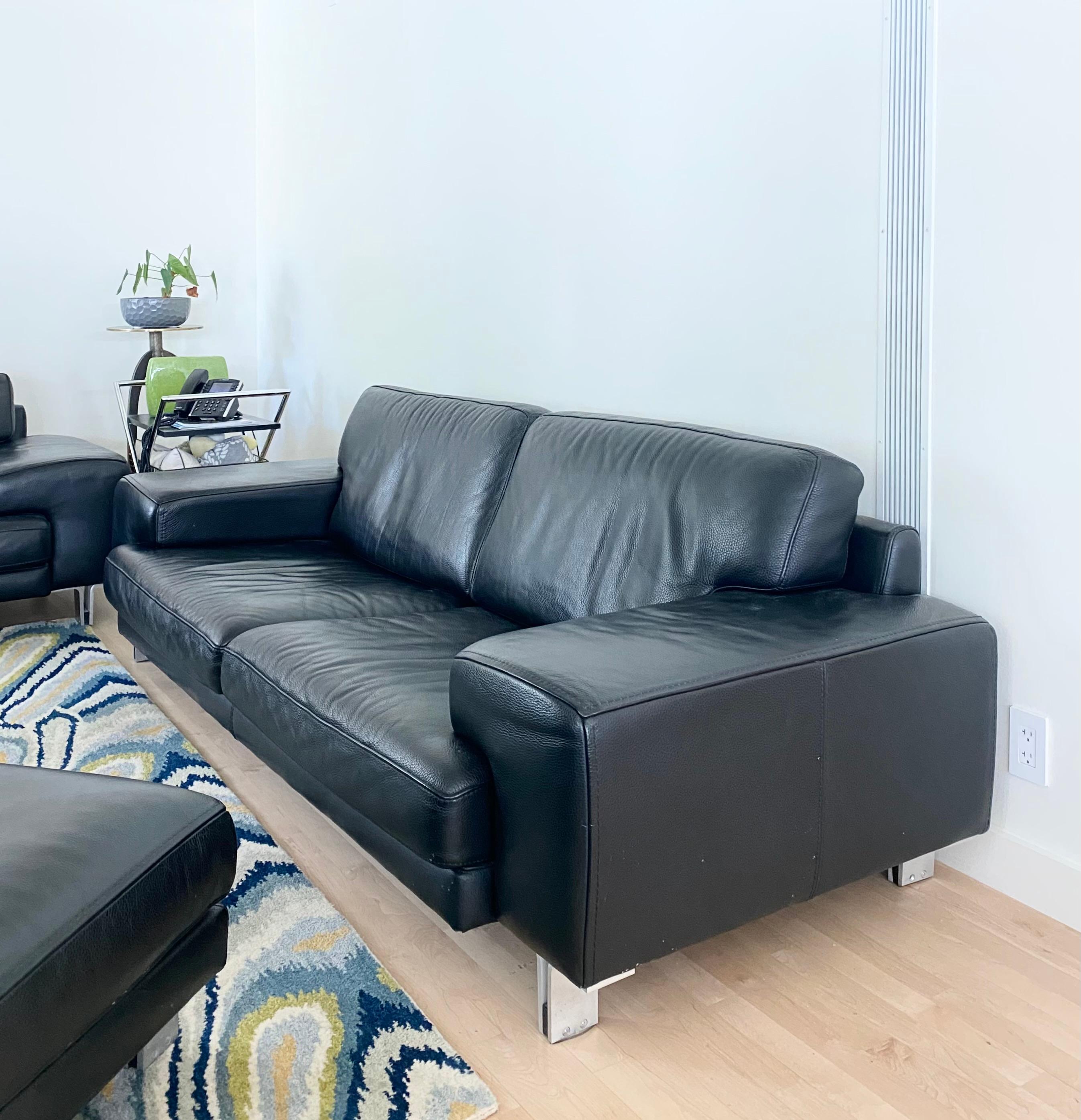 Mid-Century Modern Modernist Contemporary Ligne Roset Black Pebble Leather Sofa + Love Seat For Sale