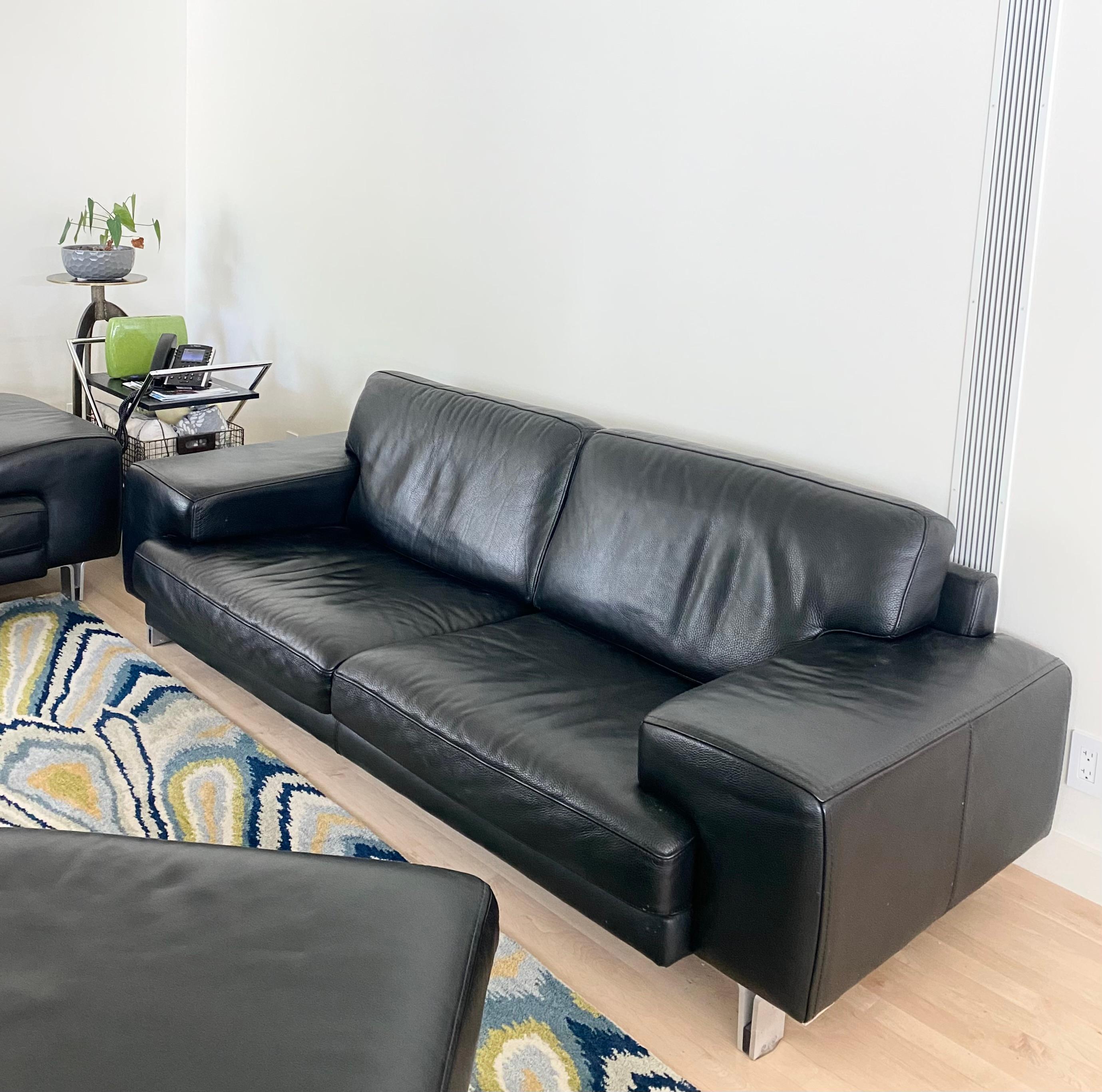 Modernist Contemporary Ligne Roset Black Pebble Leather Sofa + Love Seat In Good Condition For Sale In Fort Collins, CO