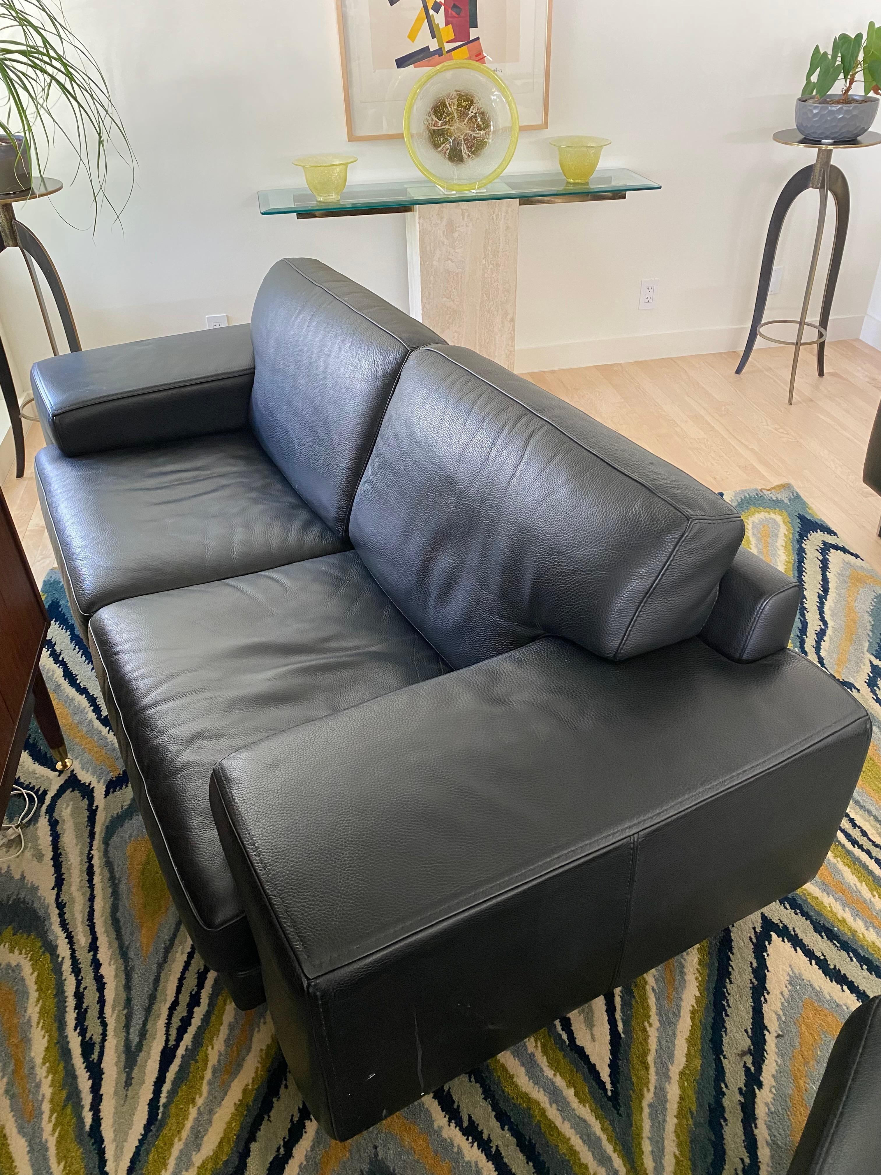 20th Century Modernist Contemporary Ligne Roset Black Pebble Leather Sofa + Love Seat For Sale