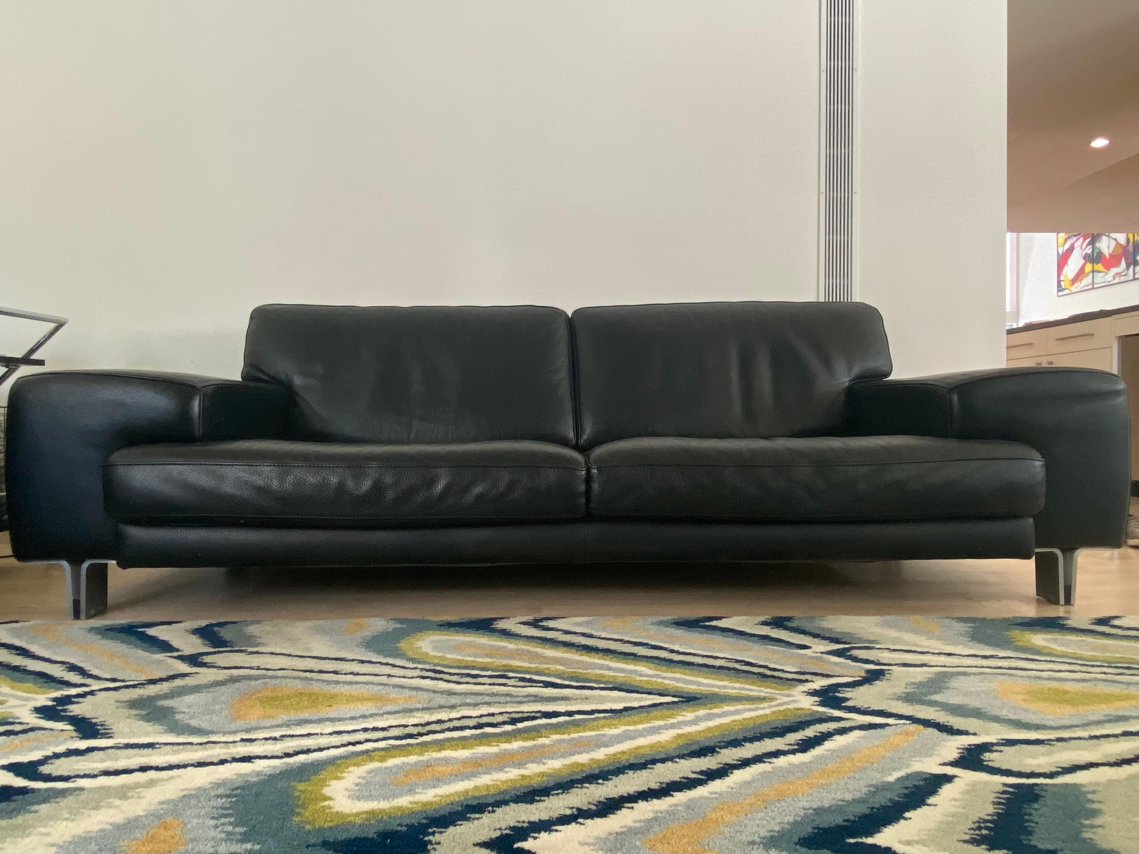 Steel Modernist Contemporary Ligne Roset Black Pebble Leather Sofa + Love Seat For Sale