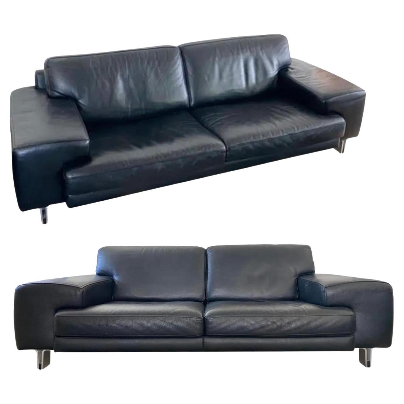 Modernist Contemporary Ligne Roset Black Pebble Leather Sofa + Love Seat For Sale