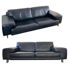 Retro Modernist Contemporary Ligne Roset Black Pebble Leather Sofa + Love Seat