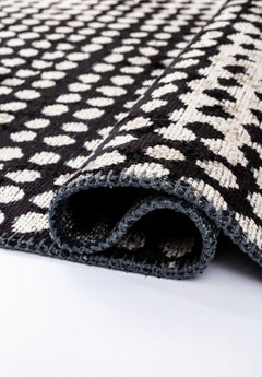 Modernist Moroccan Berber Style Black and Cream Abstract Rug Fringe Optional