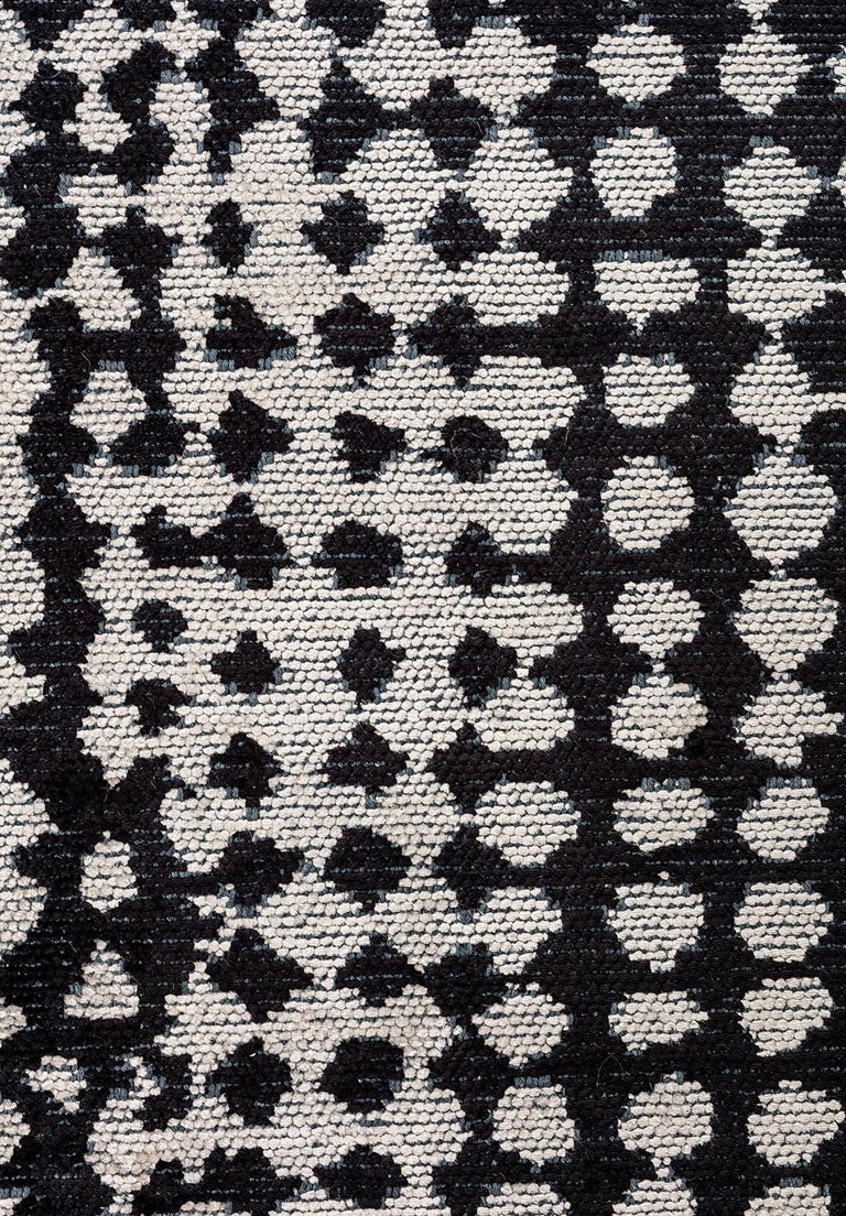 Modernist Moroccan Berber Style Black and Cream Abstract Rug Fringe