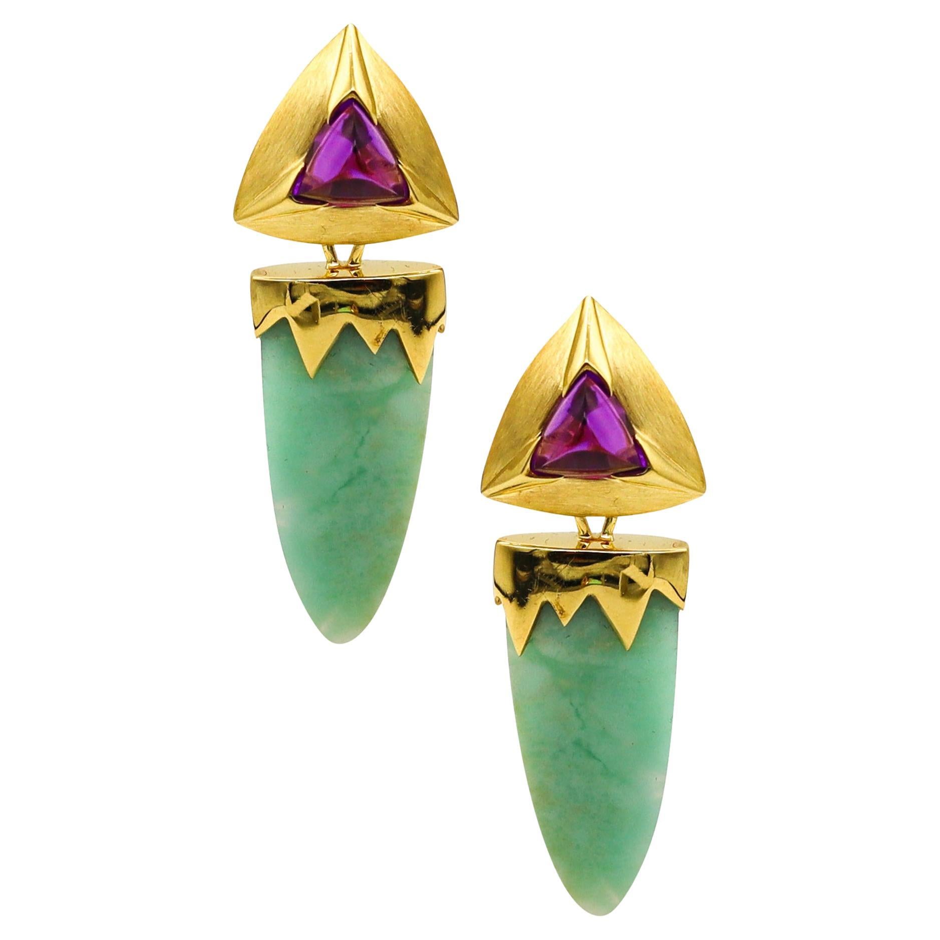 Modernist Convertible Dangle Earrings in 14kt Gold with 32ctw Amethyst & Agate
