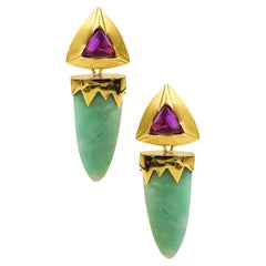 Vintage Modernist Convertible Dangle Earrings in 14kt Gold with 32ctw Amethyst & Agate