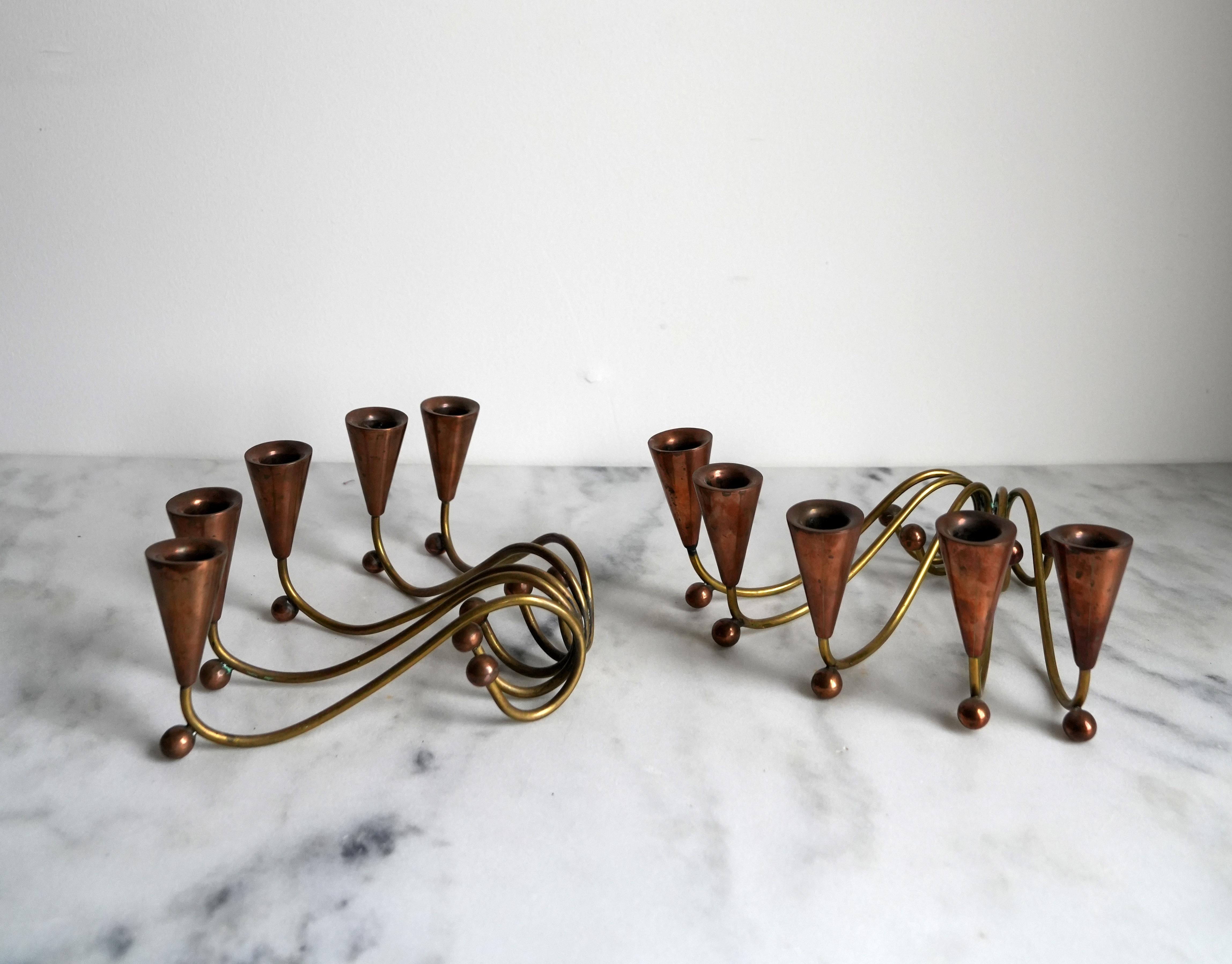 Modernist Copper and Brass Candlesticks In Good Condition In Hudson, NY