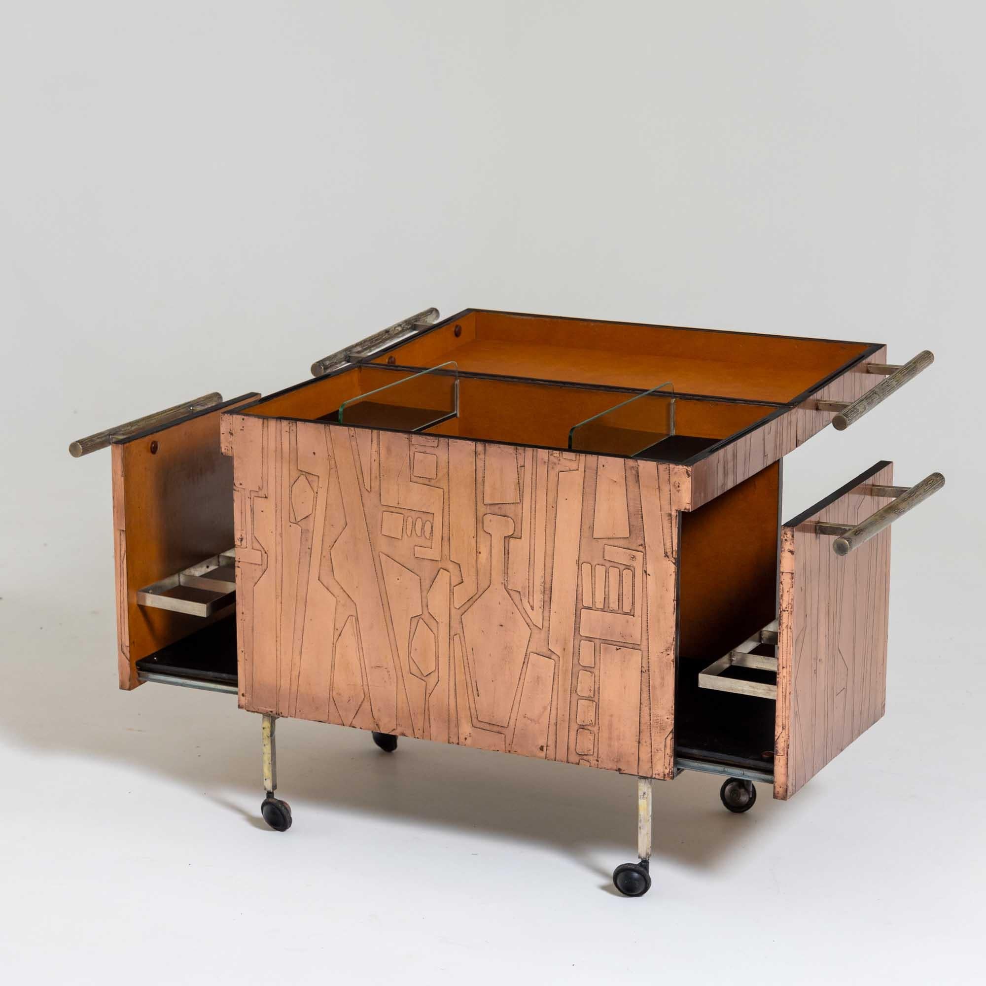 Metal Modernist Copper Bar Cart For Sale