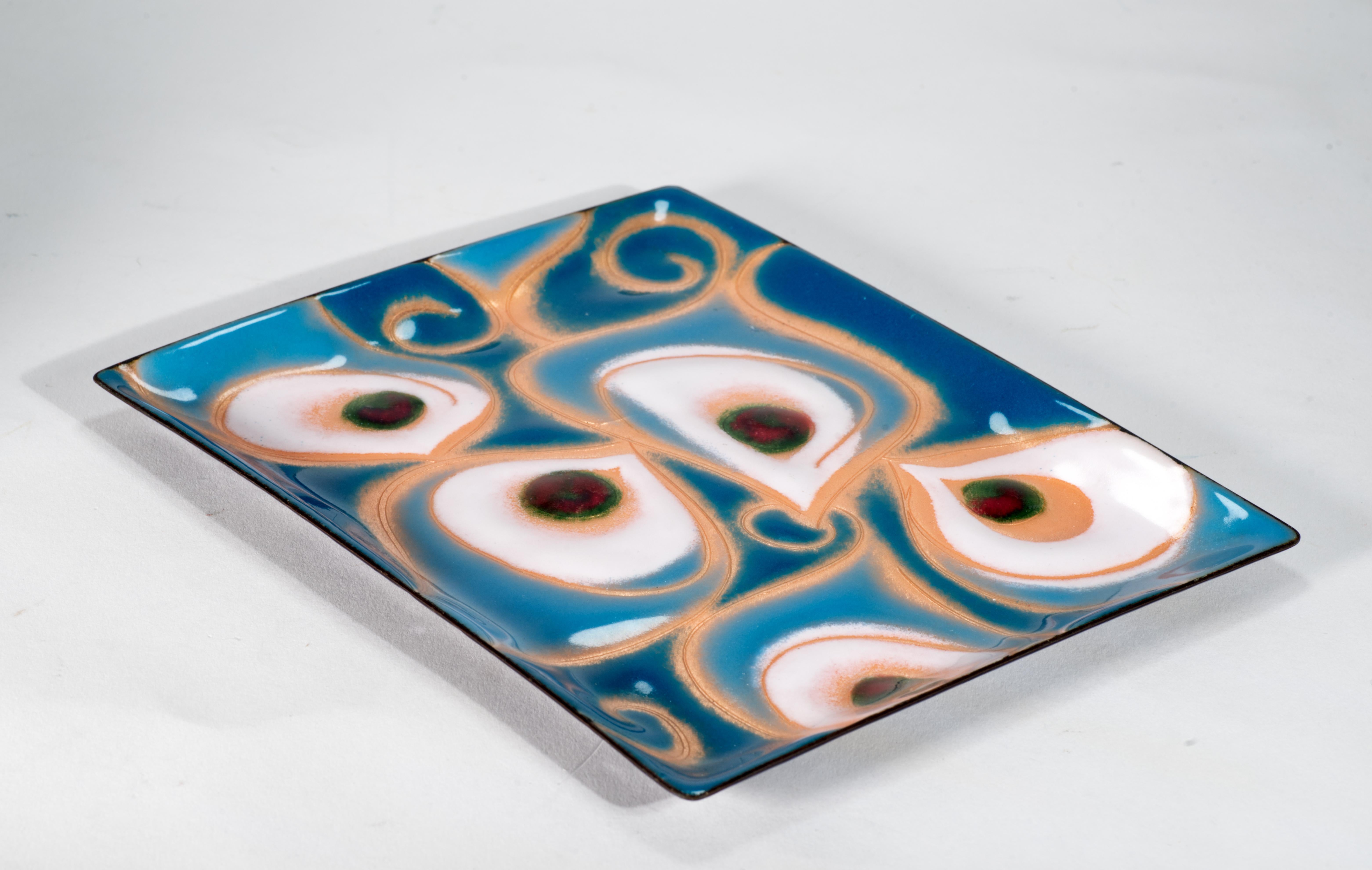 Post-Modern Modernist Copper Enamel Tray with Abstract Decor For Sale