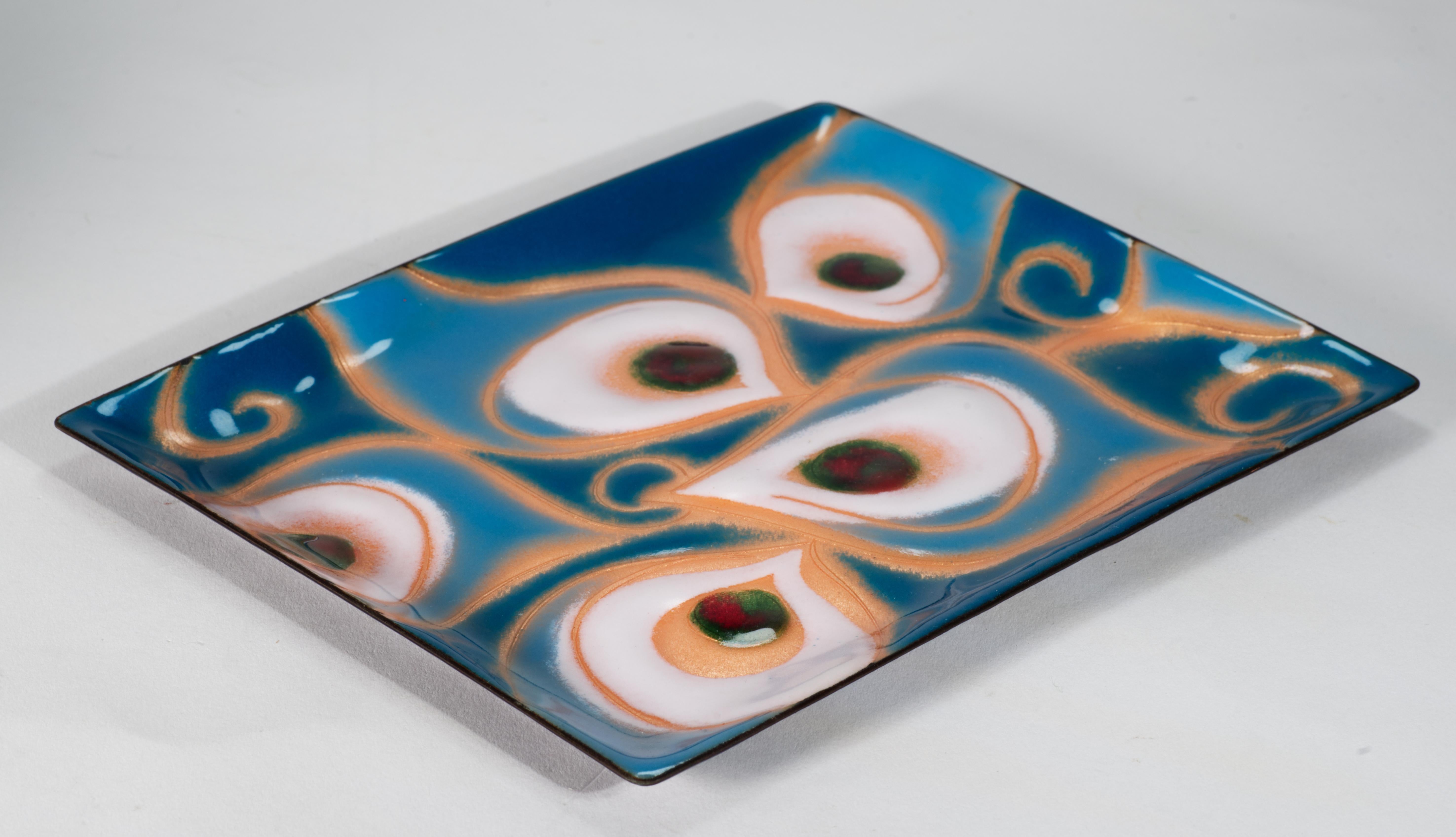 American Modernist Copper Enamel Tray with Abstract Decor For Sale
