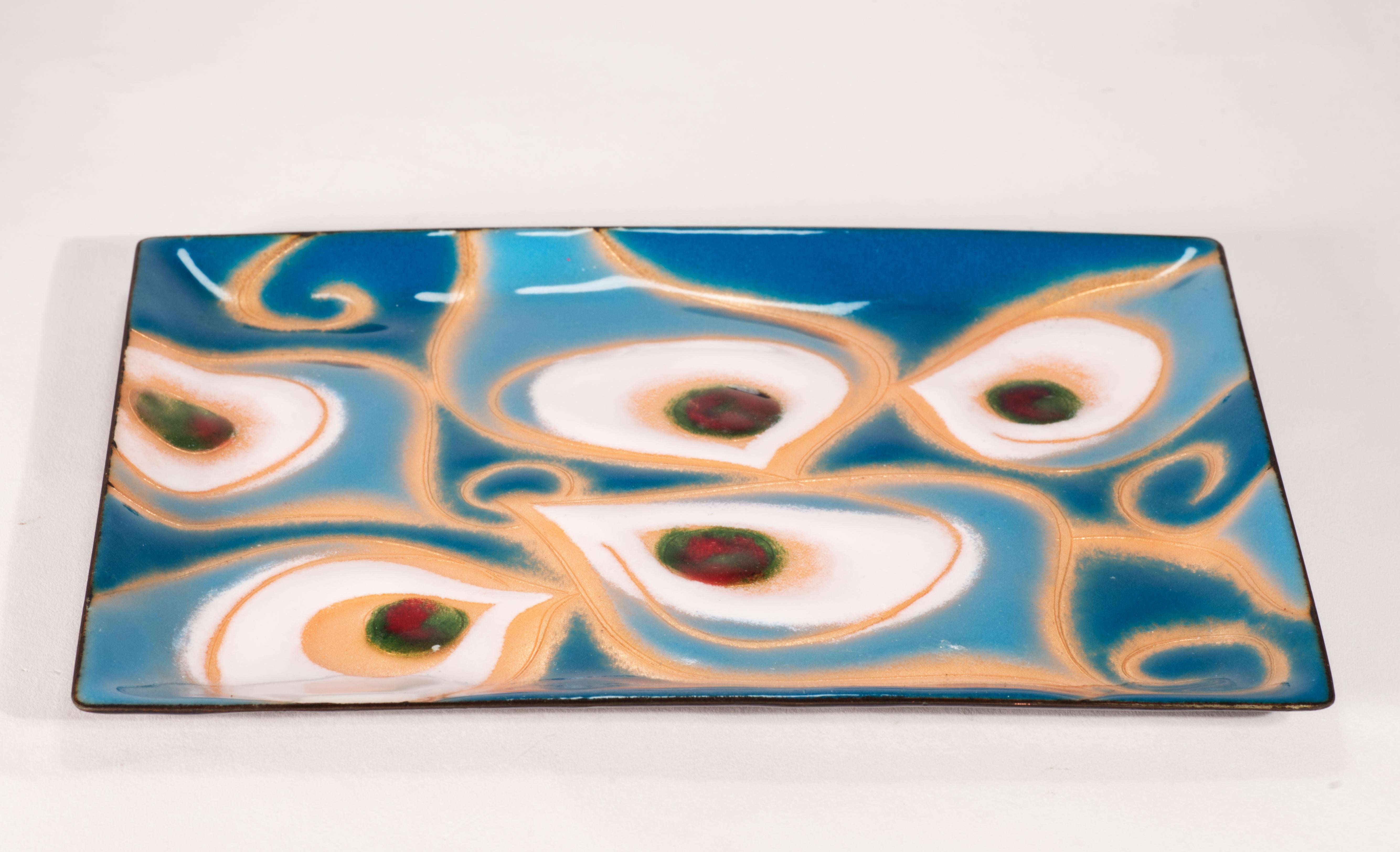 Enameled Modernist Copper Enamel Tray with Abstract Decor For Sale