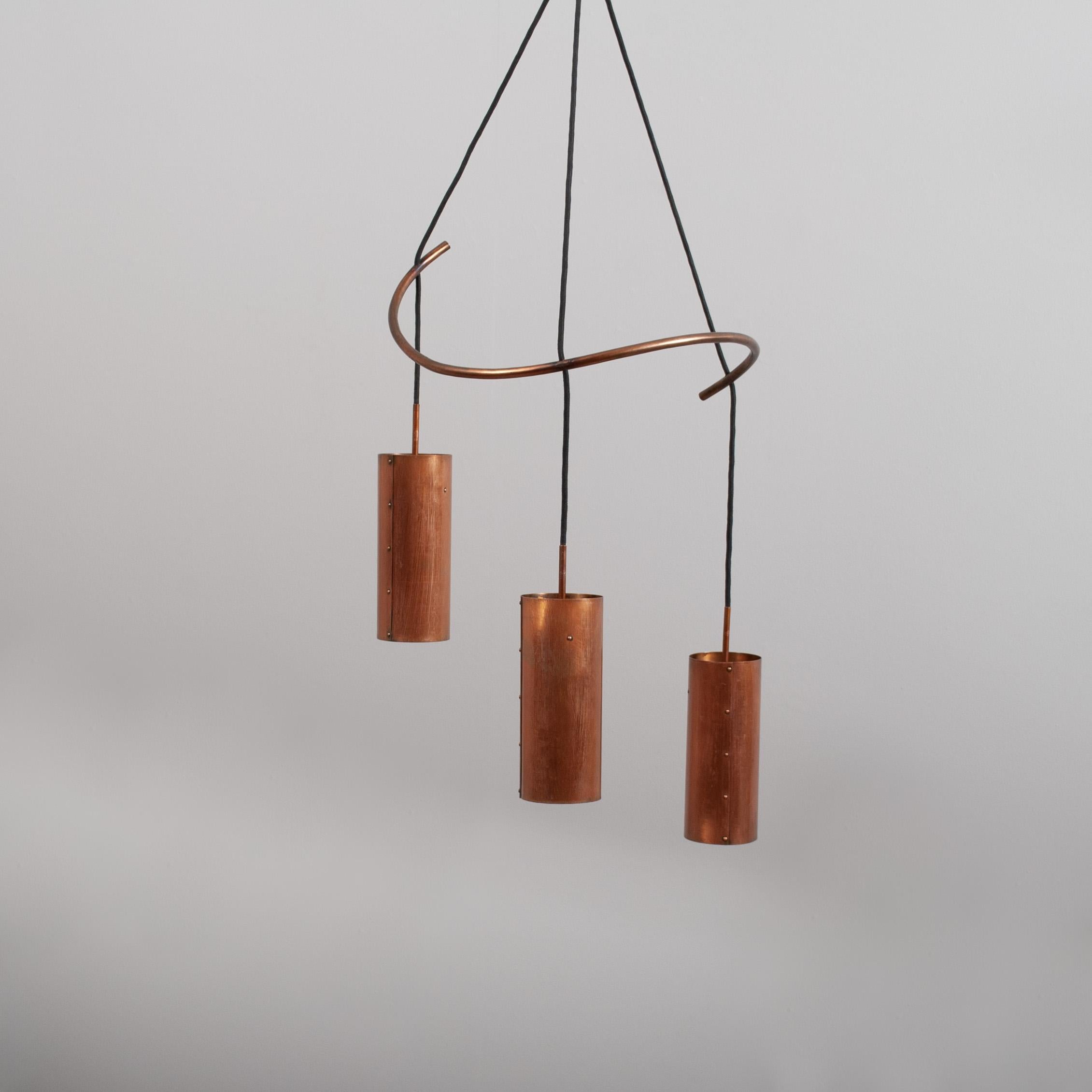 Danish Modernist Copper Triple Drop Pendant Light For Sale