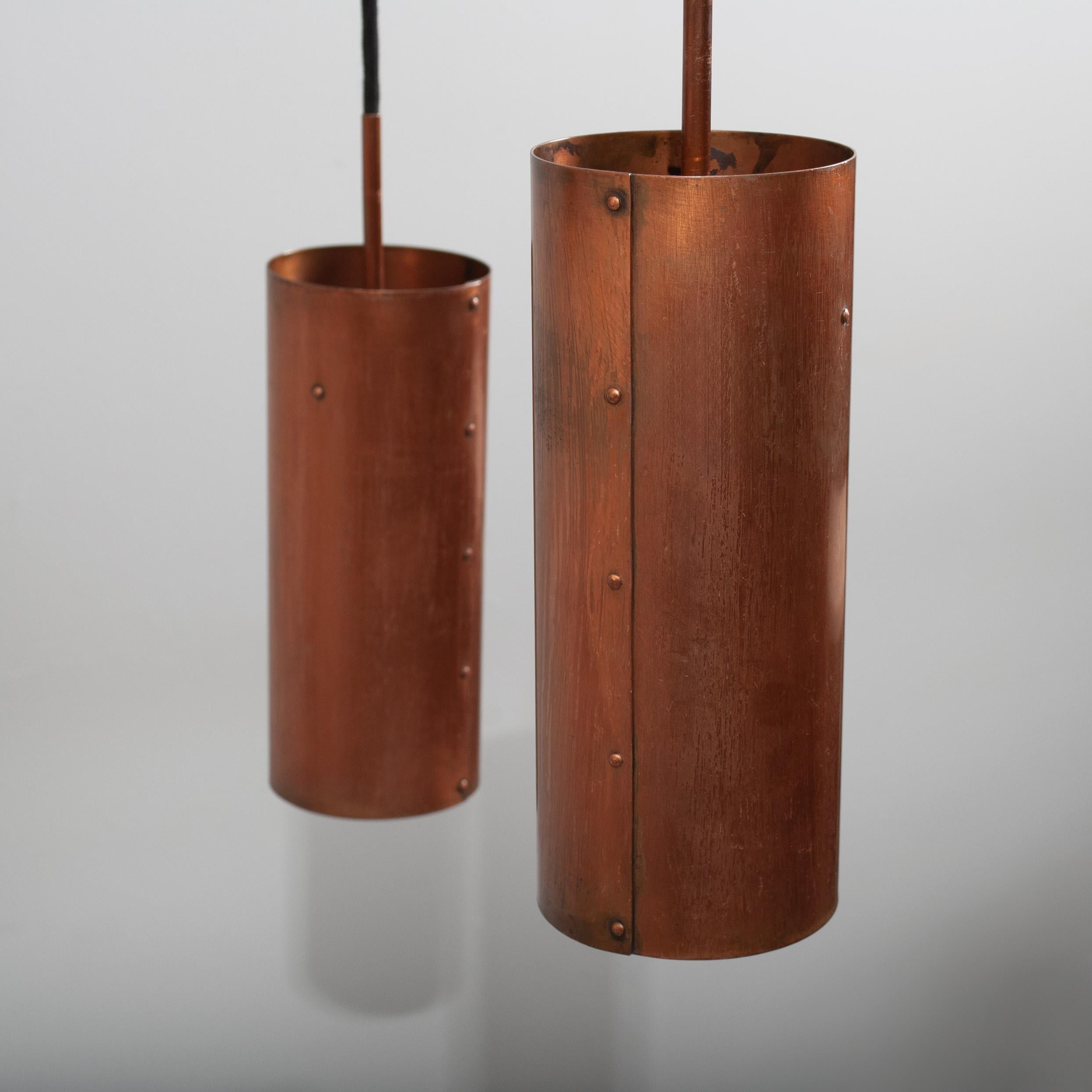 20th Century Modernist Copper Triple Drop Pendant Light For Sale