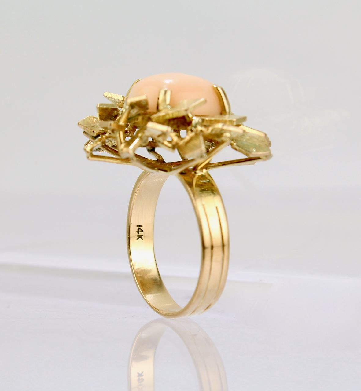Modernist Coral and 14 Karat Gold Floral Cocktail Ring For Sale 5