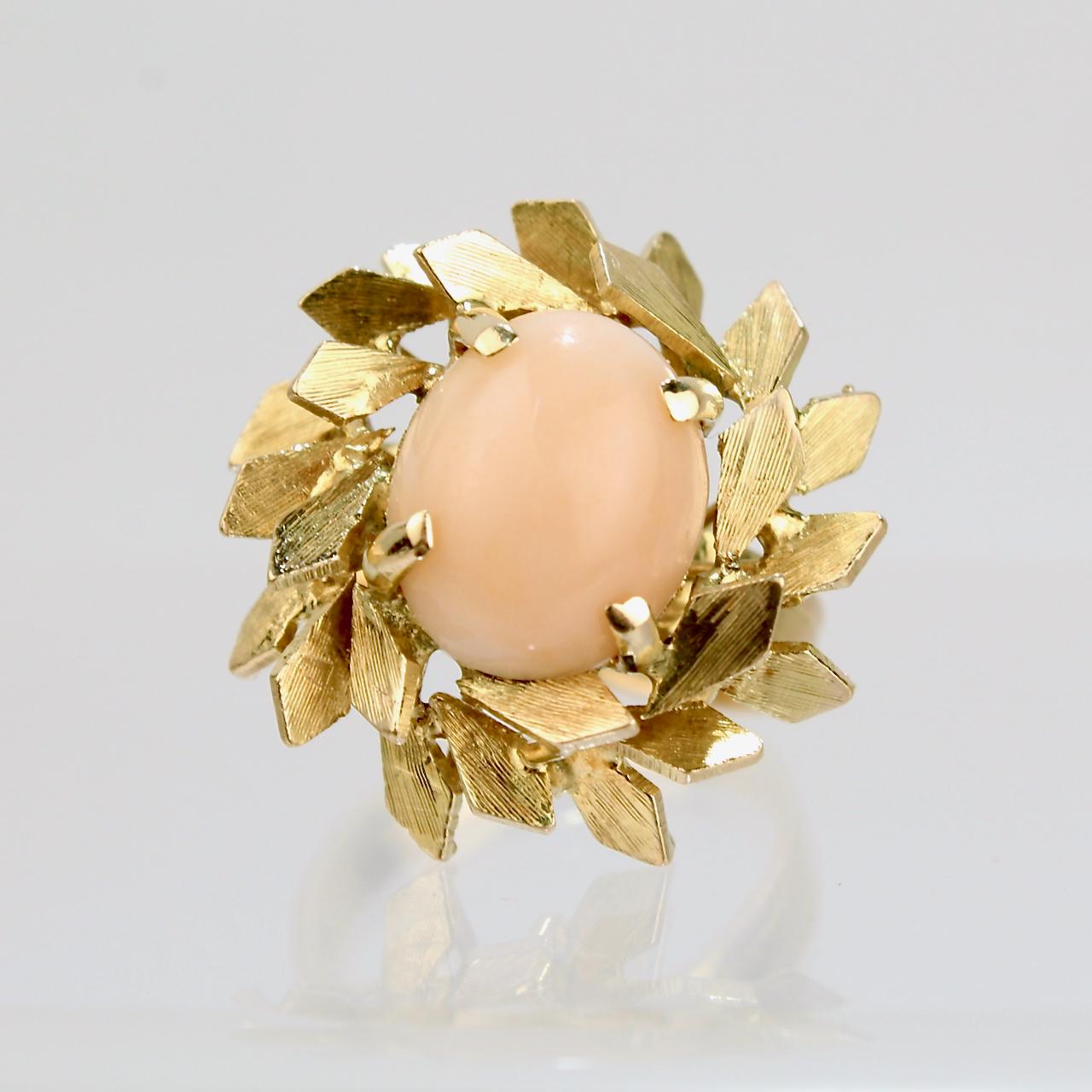 Cabochon Modernist Coral and 14 Karat Gold Floral Cocktail Ring For Sale