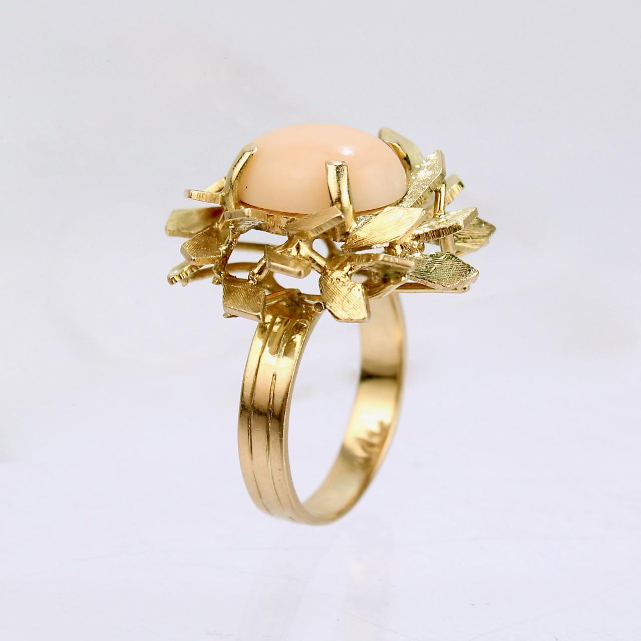 Modernist Coral and 14 Karat Gold Floral Cocktail Ring In Good Condition For Sale In Philadelphia, PA