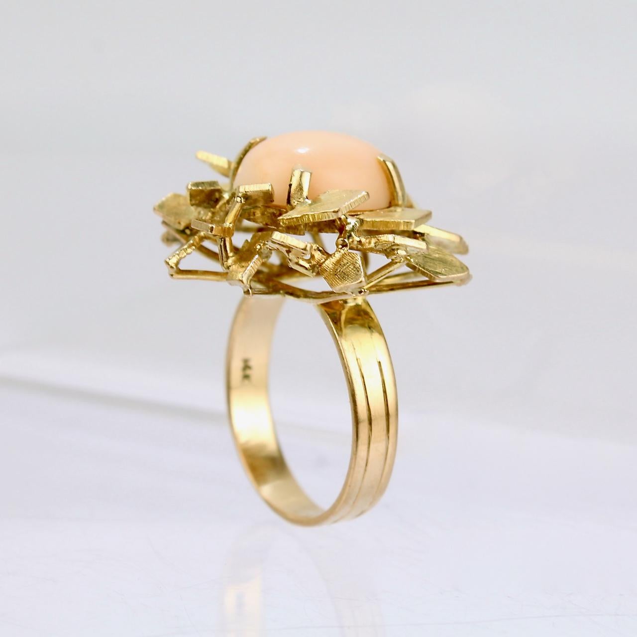 Modernist Coral and 14 Karat Gold Floral Cocktail Ring For Sale 1