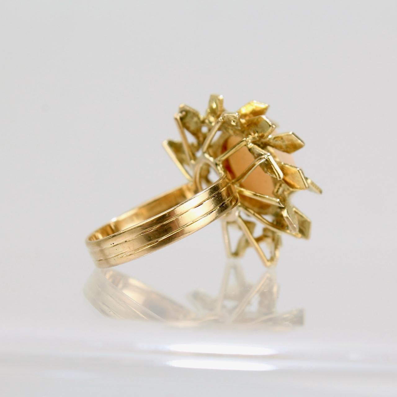 Modernist Coral and 14 Karat Gold Floral Cocktail Ring For Sale 3