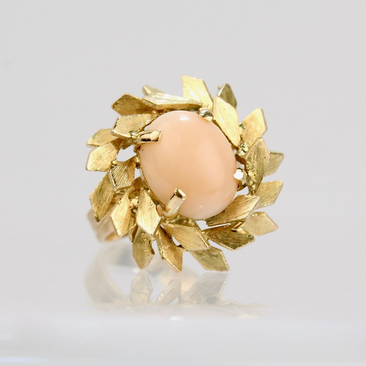 Modernist Coral and 14 Karat Gold Floral Cocktail Ring For Sale 6