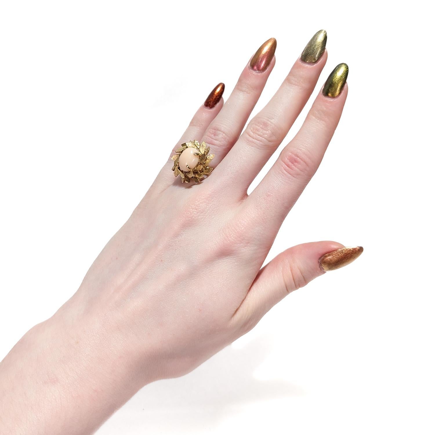 Cabochon Modernist Coral and 14 Karat Gold Floral Cocktail Ring For Sale