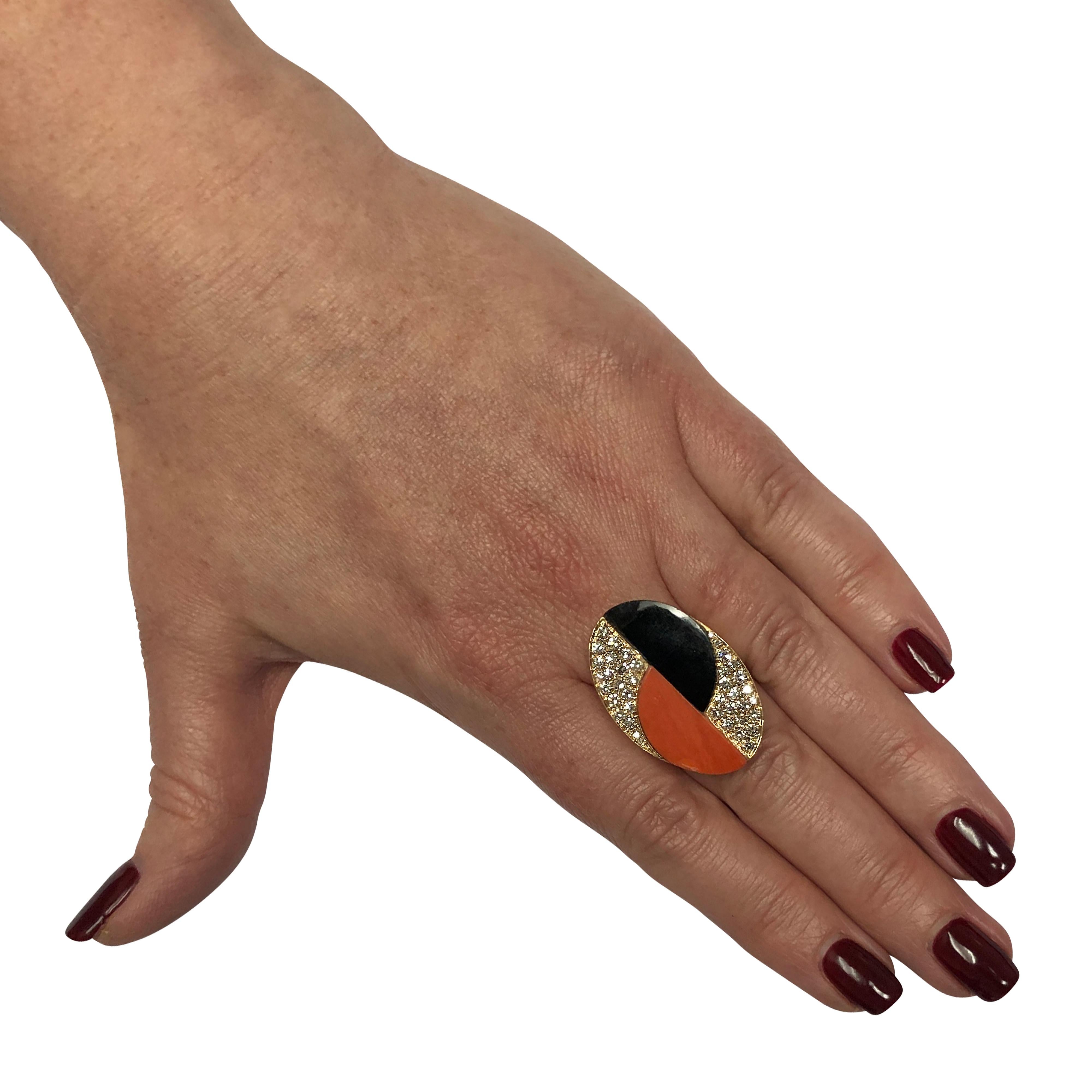 Round Cut Modernist Coral, Diamond and Onyx Ring