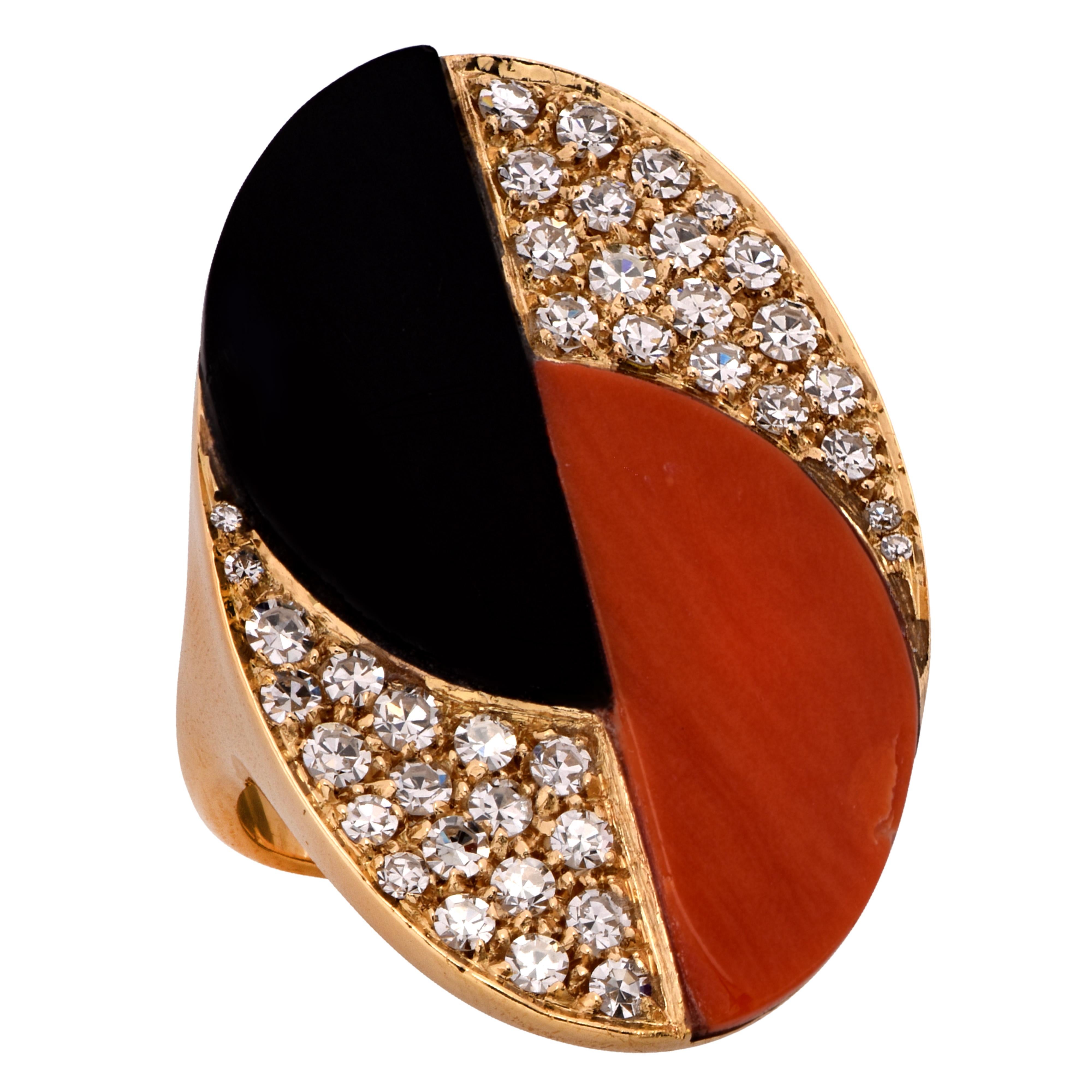 Modernist Coral, Diamond and Onyx Ring