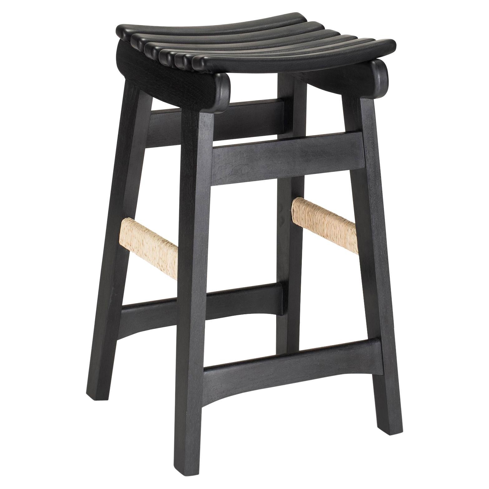 Modernist Mexican Counter Stool by Michael van Beuren in Black Oil and Leather