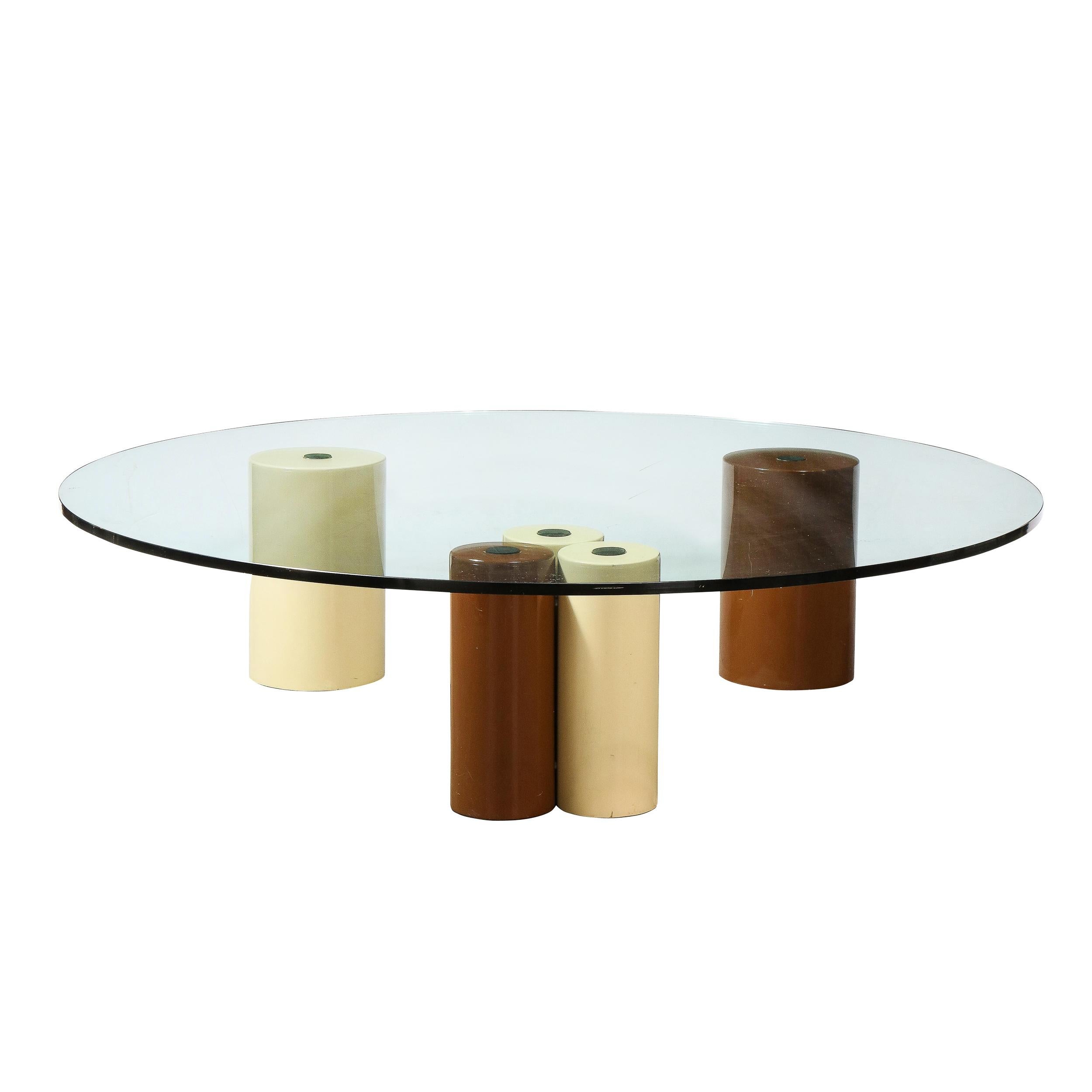 Italian Modernist Cream and Ochre Enamel Pillar Cocktail Table by Saporiti For Sale