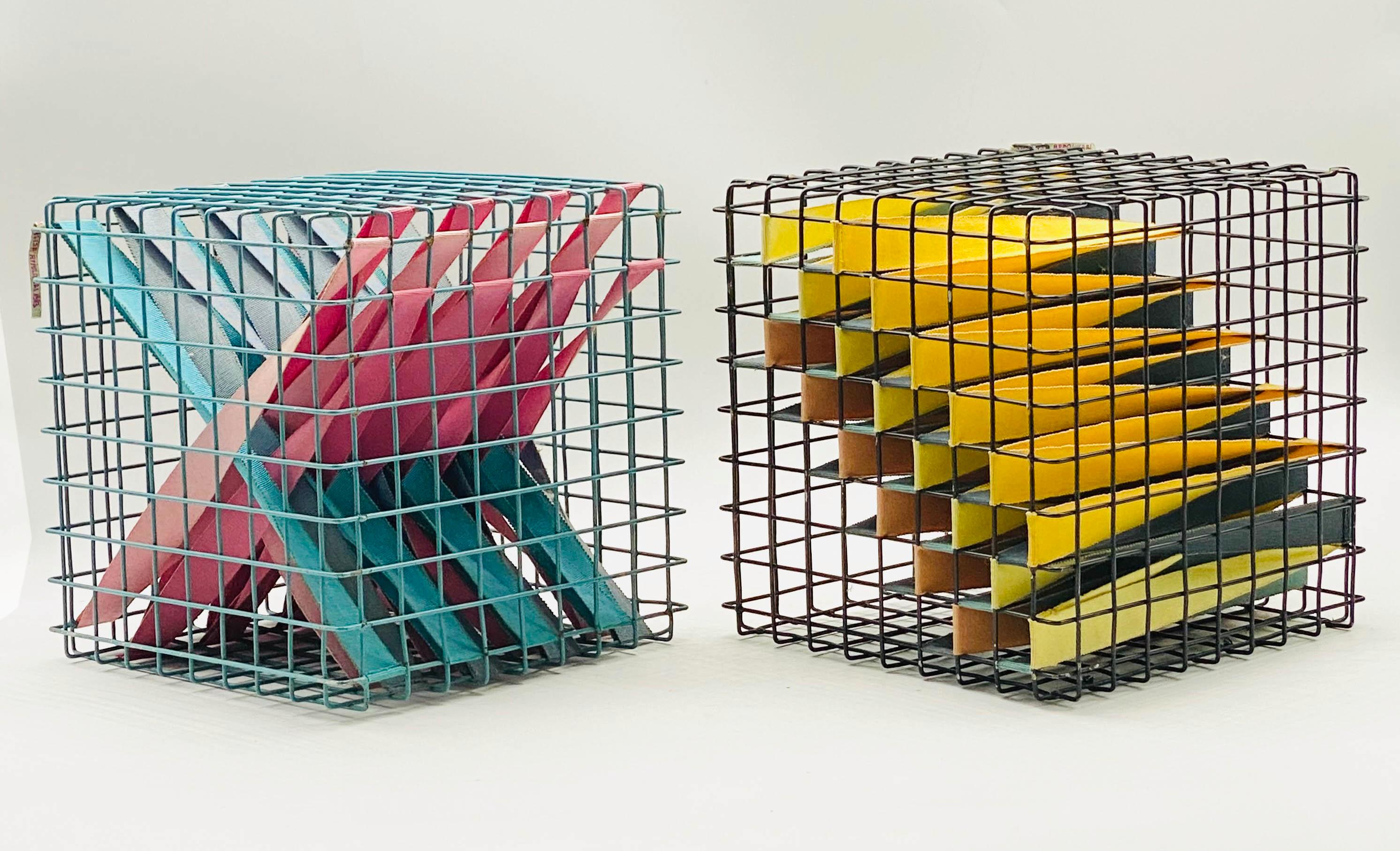 Modernist cube sculpture by Annalisa Appolinari, in metal and colored fabric ribbon. Label Annalisa Appolinari '83.