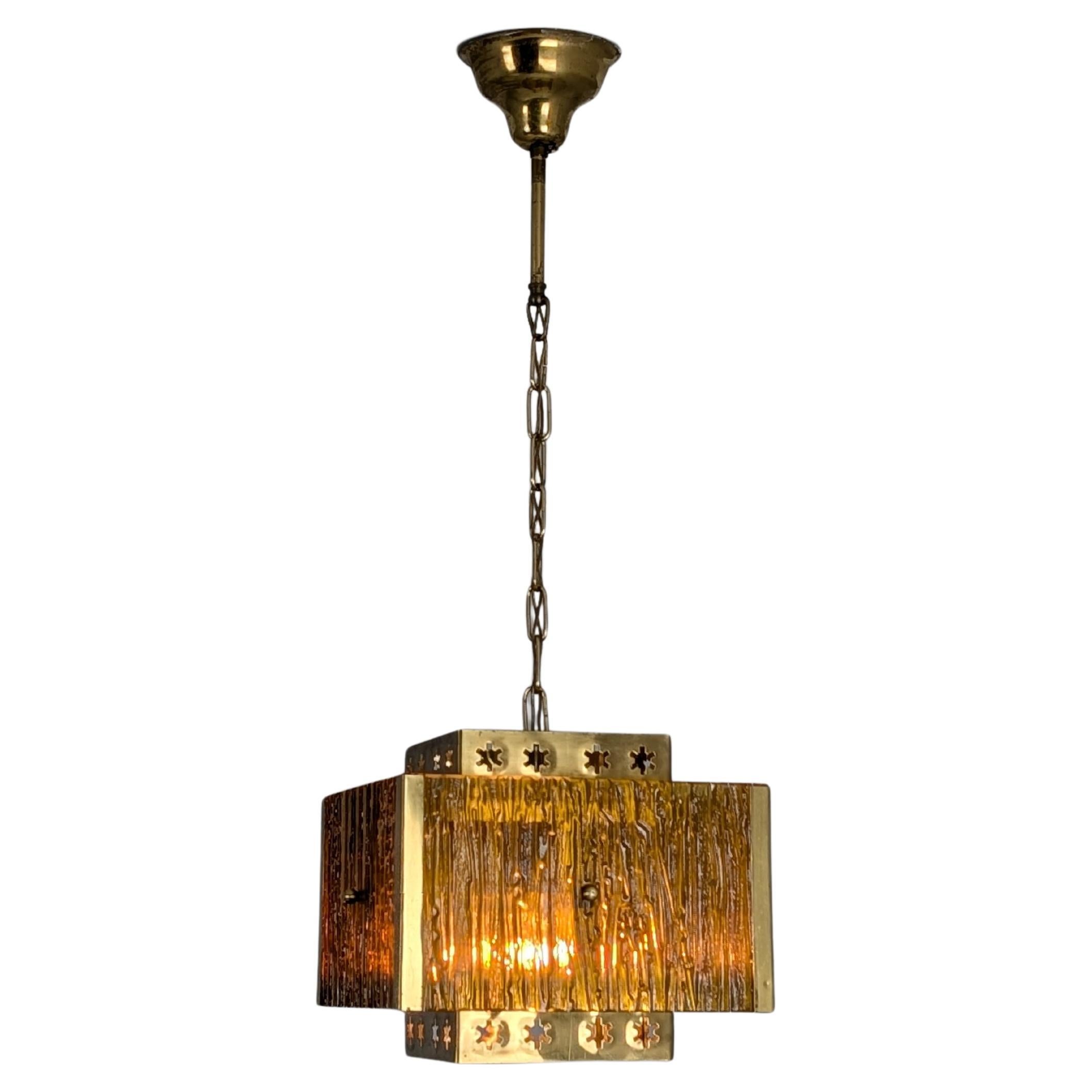 Modernist Cubic Pendant in Brass and Colour Glass, S. Liikkanen, 1970s For Sale