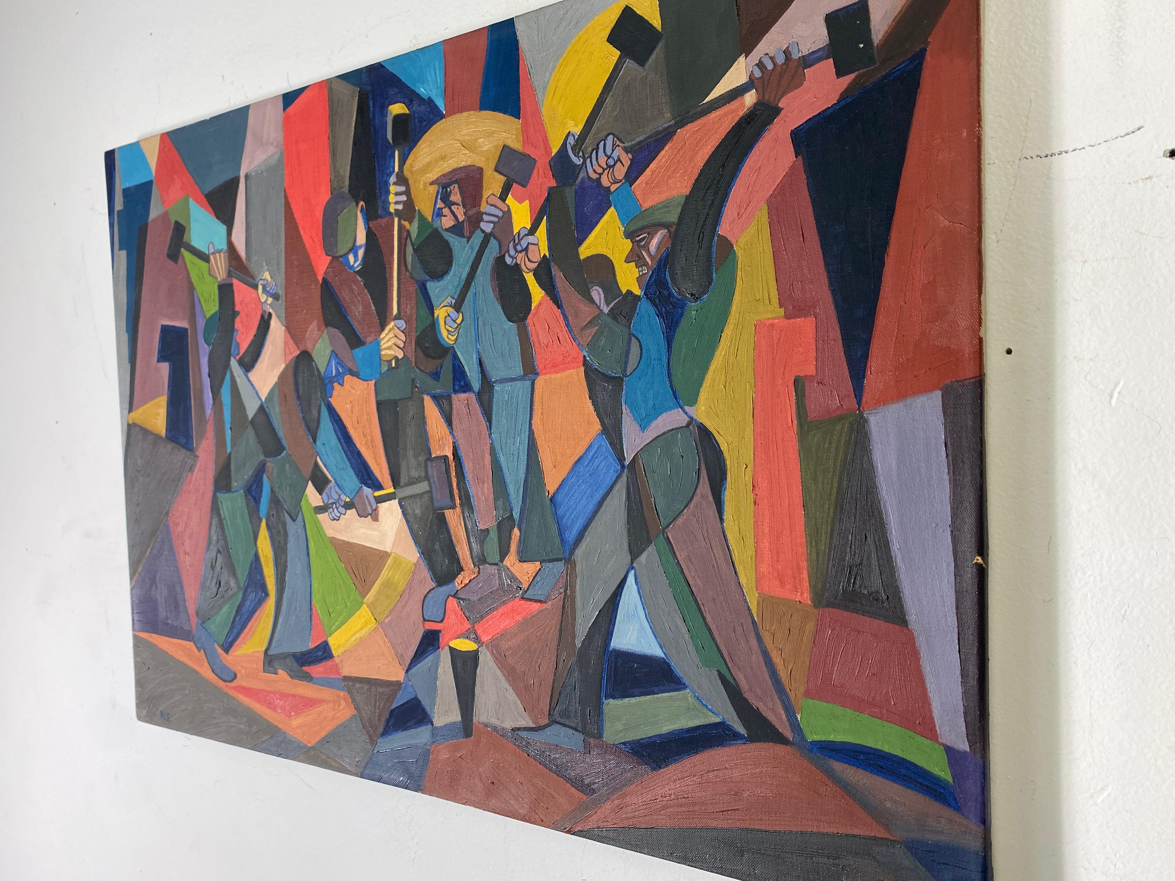 Wonderful oil on canvas depicting workers, hand executed by William Sharp 1900-1961. Amazing use of color, space, texture,

William Sharp was born on June 13, 1900, in Lemberg, Austria, where he attended college and the Academy for Arts and