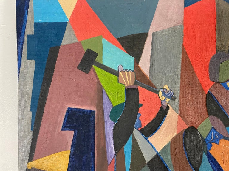 Hand-Painted Modernist Cubist Abstract Oil on Canvas Painting by William Sharp For Sale