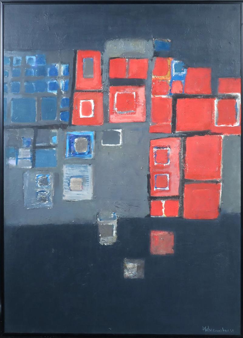 Dieses Gemälde des niederländischen Künstlers Pierre Hubert (Piet) Schoenmakers (1919-2009) aus dem Jahr 1955 markiert seinen entscheidenden Übergang zur abstrakten Kunst. Dominiert von geometrischen roten und blauen Formen vor einem gedämpften