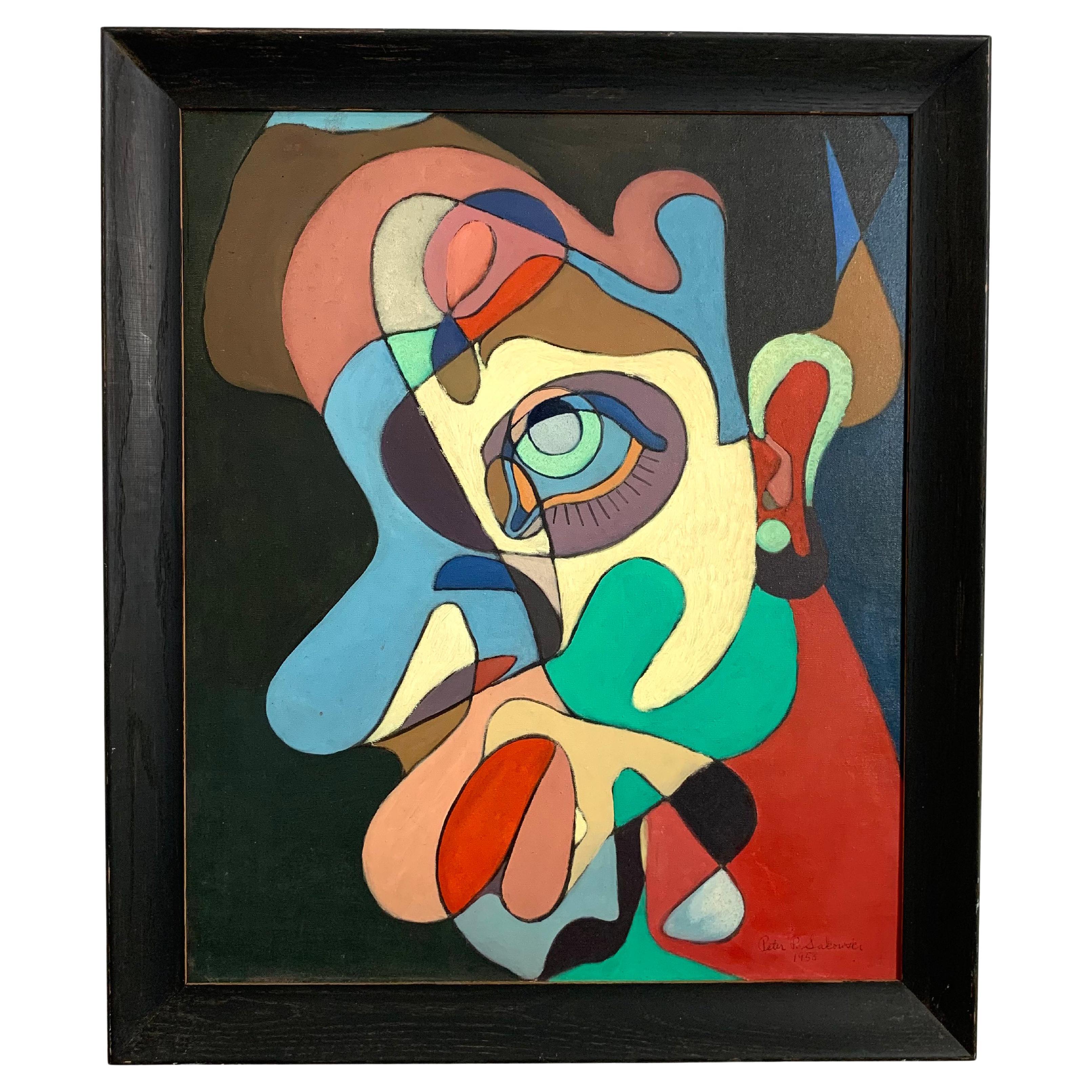 Modernist Cubist Painting Titled "Philosopher" Dated 1958 by Peter Paul Sakowski