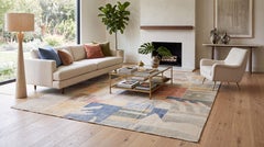 Modernist Cubist Style Handcrafted Wool Area Rug Soft Terracotta, Ochre & Indigo
