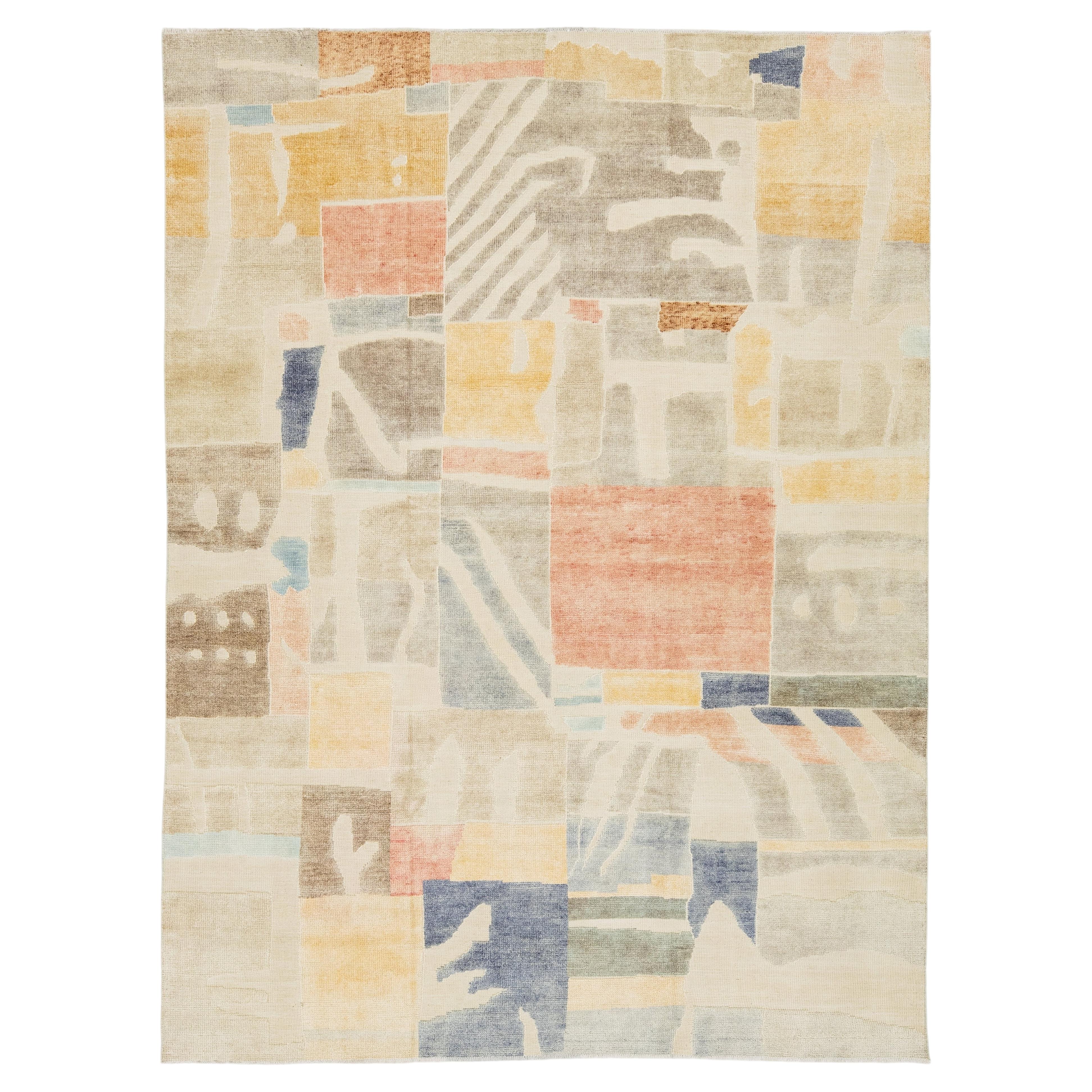 Modernist Cubist Style Handcrafted Wool Area Rug Soft Terracotta, Ochre & Indigo For Sale