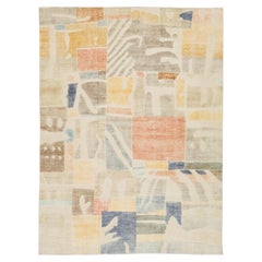 Modernist Cubist Style Handcrafted Wool Area Rug Soft Terracotta, Ochre & Indigo