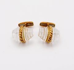 MODERNIST CUFFLINKS 1970 Stepped Carved Rock Quartz & Textured 18Kt Yellow Gold