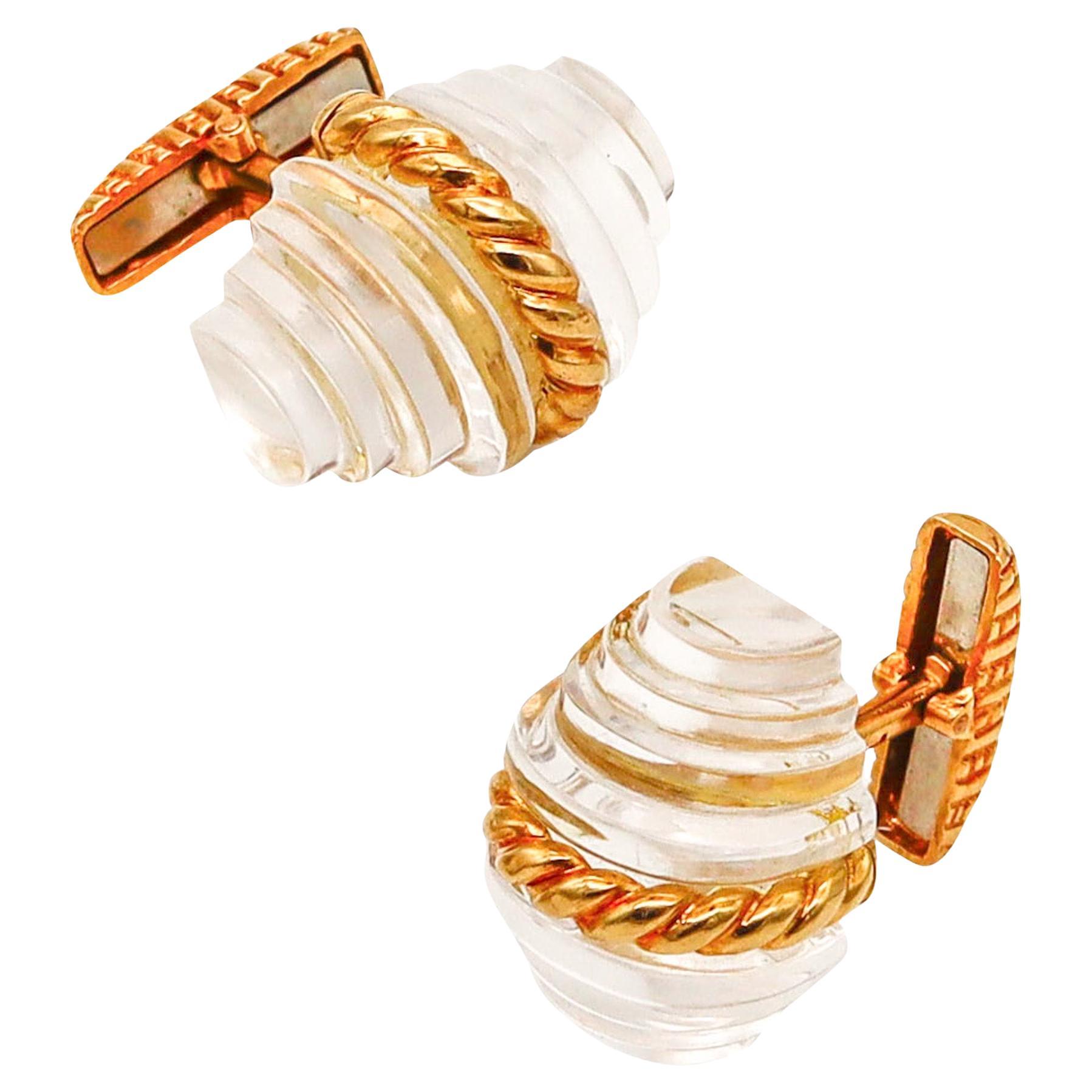 MODERNIST CUFFLINKS 1970 Stepped Carved Rock Quartz & Textured 18Kt Yellow Gold