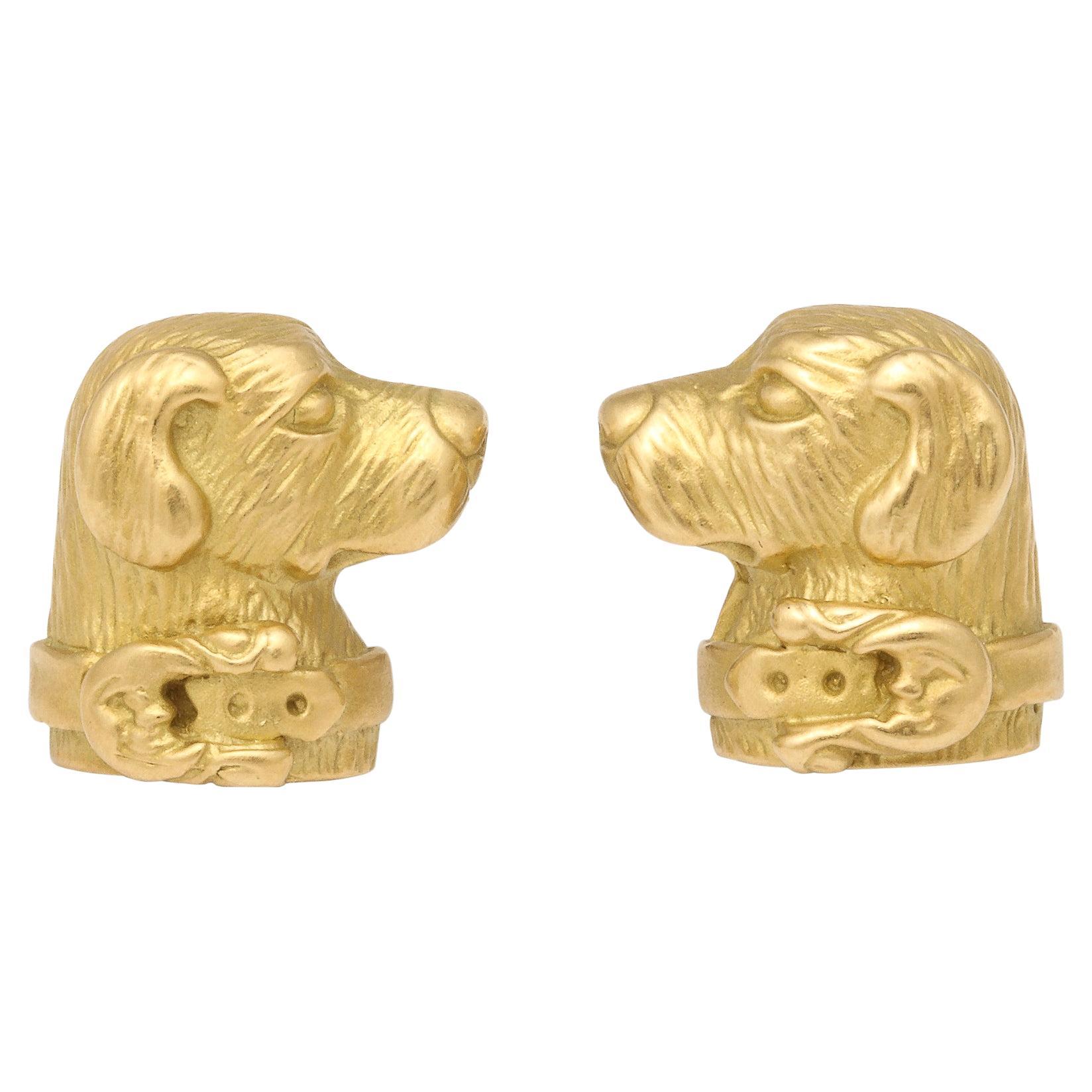 Modernist Cufflinks with Golden Retriever Canine Motif in 14 Carat Yellow Gold For Sale