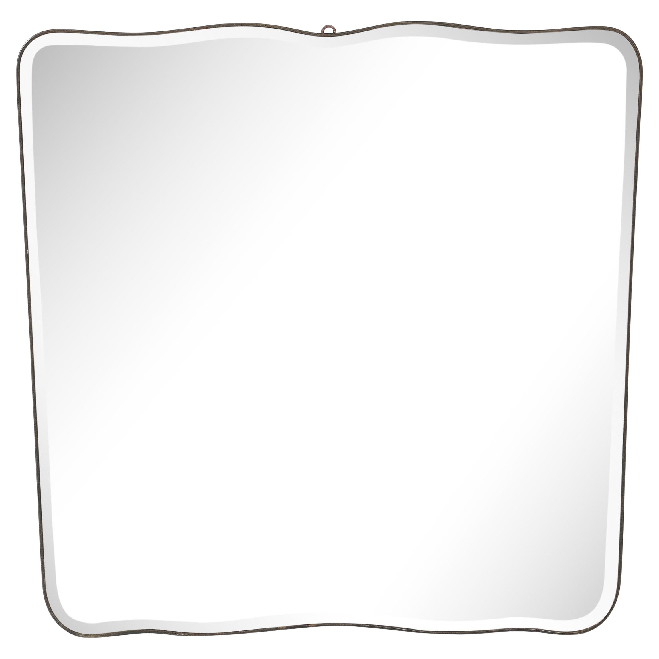 Modernist Curved Brass Framed Beveled Mirror , Italy, 1950's