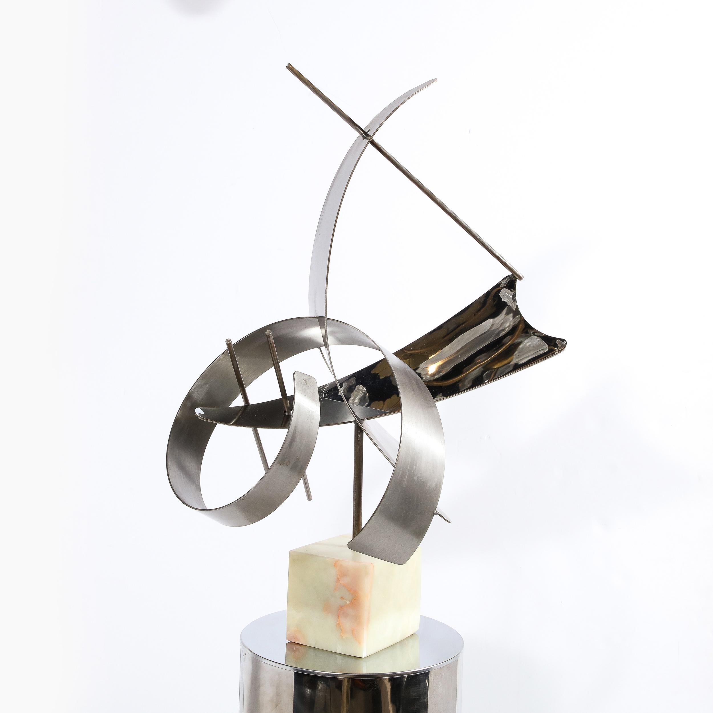 Modernist Curvilinear Sculpture in Brushed Aluminum w/ Onyx Base Signed Curtis J For Sale 11