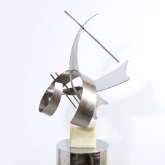 Modernist Curvilinear Sculpture in Brushed Aluminum w/ Onyx Base Signed Curtis J