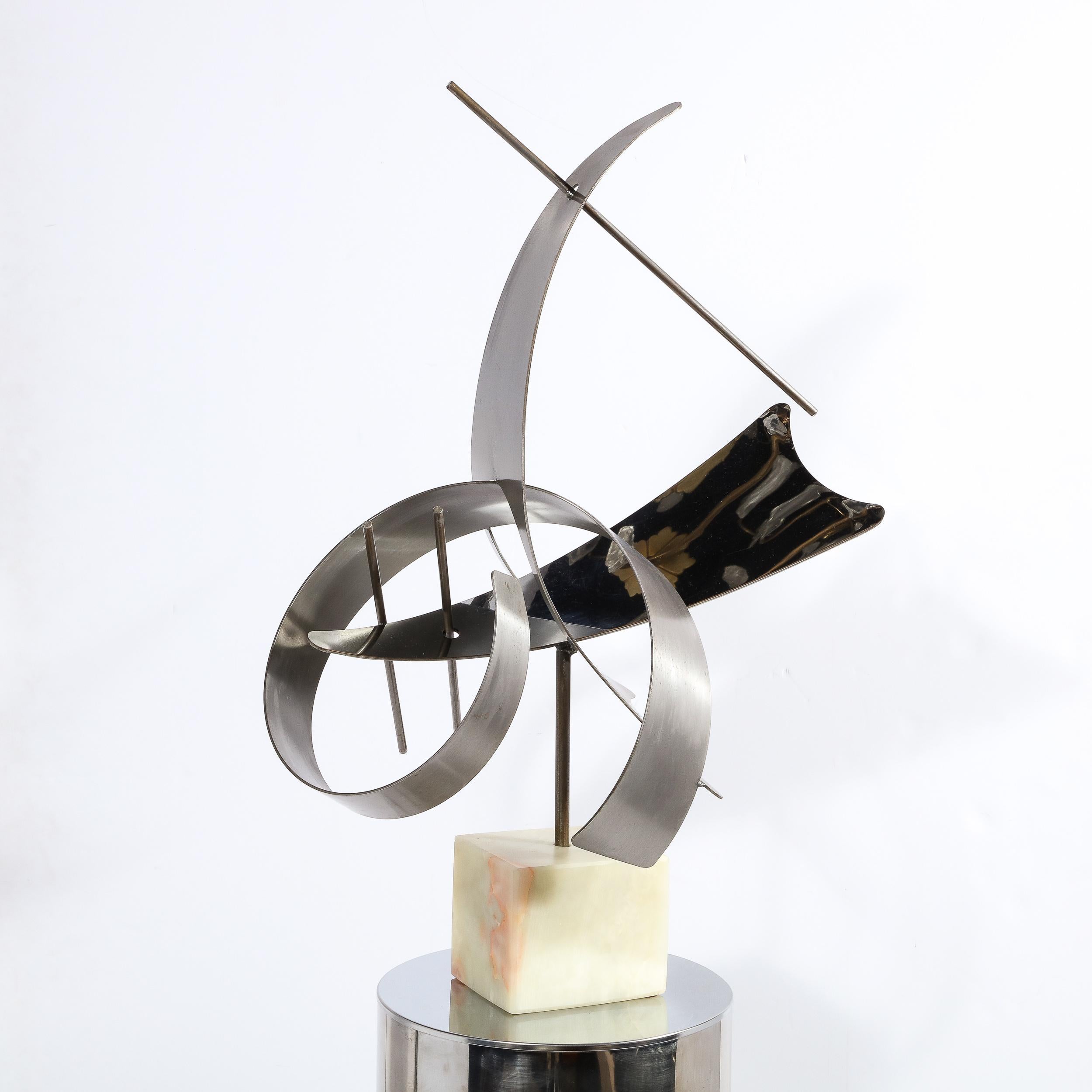 American Modernist Curvilinear Sculpture in Brushed Aluminum w/ Onyx Base Signed Curtis J For Sale
