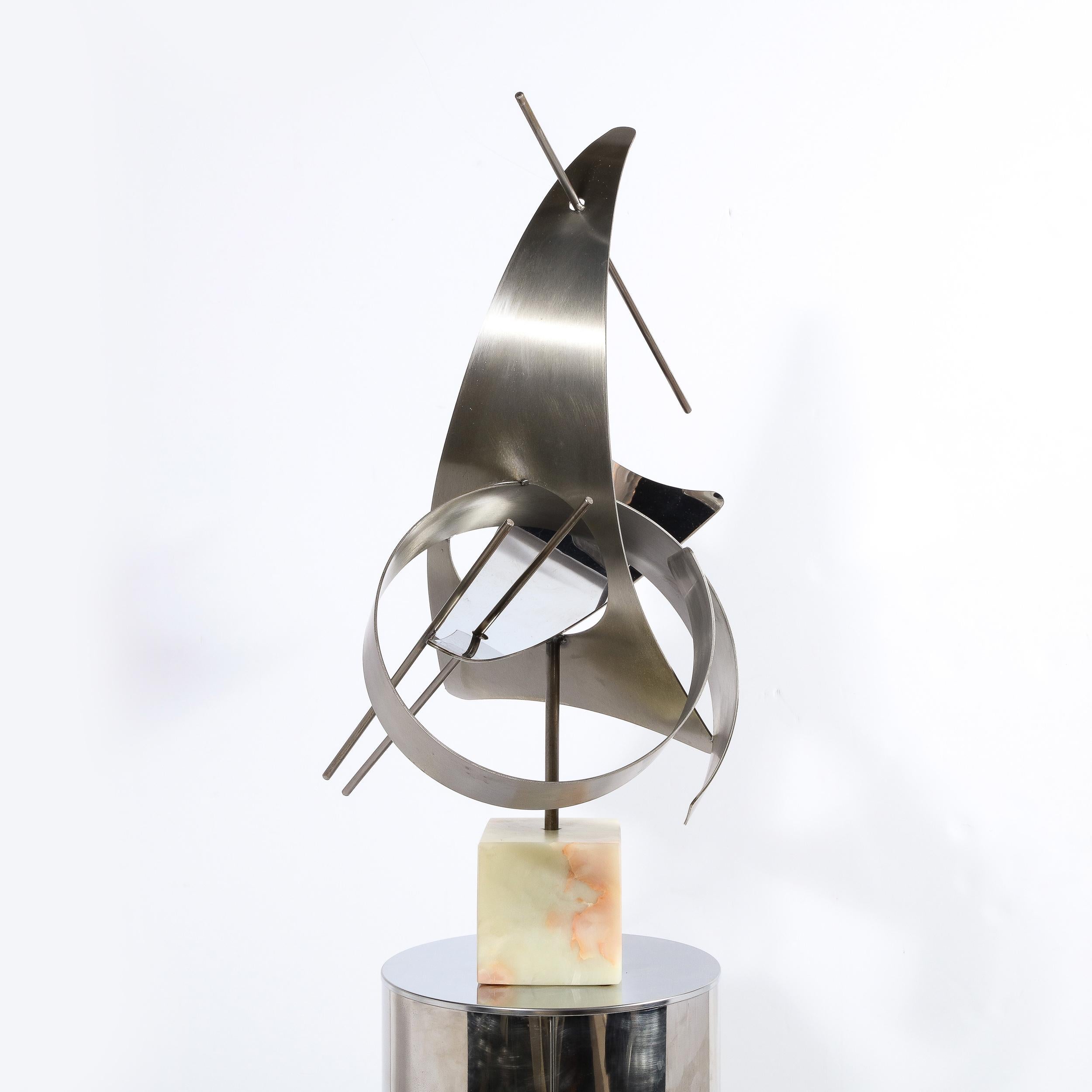 Modernist Curvilinear Sculpture in Brushed Aluminum w/ Onyx Base Signed Curtis J For Sale 1